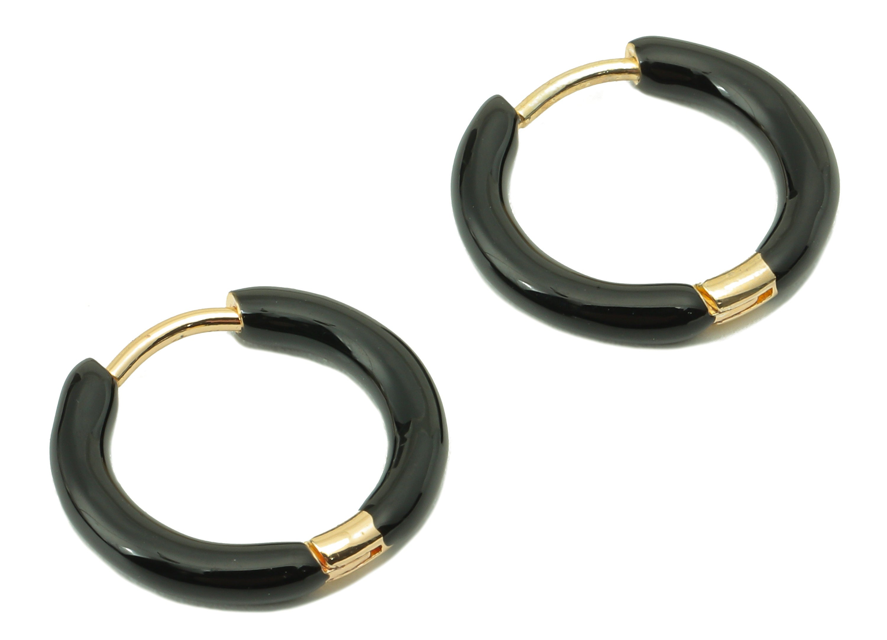 Stainless Steel Circle Earring Clasps - Mini Black Enamel Hoop Earring -Huggie Hoop Clasp -18K Real Gold Plating-16.57x15.19x2.71mm-RGP5889F - DOMEDBAZAAR