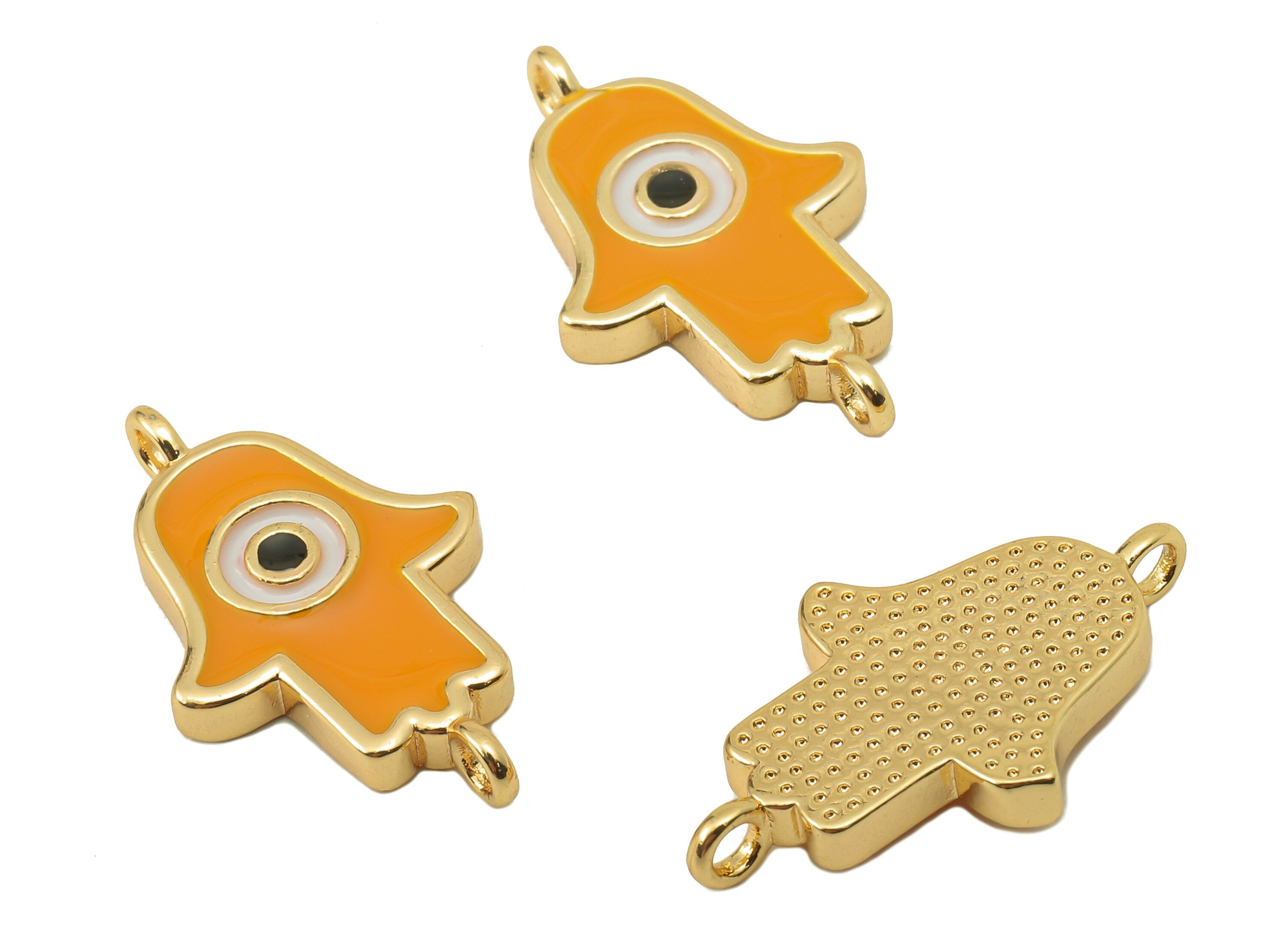 Brass Hamsa Earring Connector - Brass Yellow Enamel Pendant With Loop -Enamel for Bracelet-18K Real Gold Plating-21.05x12.88x2.42mm-RGP5890A - DOMEDBAZAAR