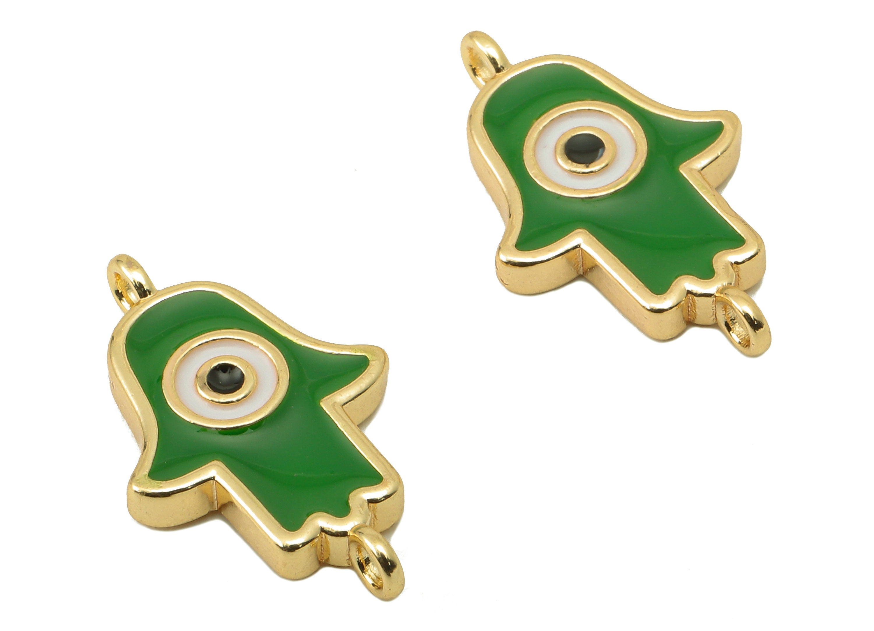 Brass Mamsa Earring Connector - Brass Green Enamel Pendant with Loop -Enamel For Bracelet -18K Real Gold Plating-21.05x12.88x2.42mm-RGP5890B - DOMEDBAZAAR