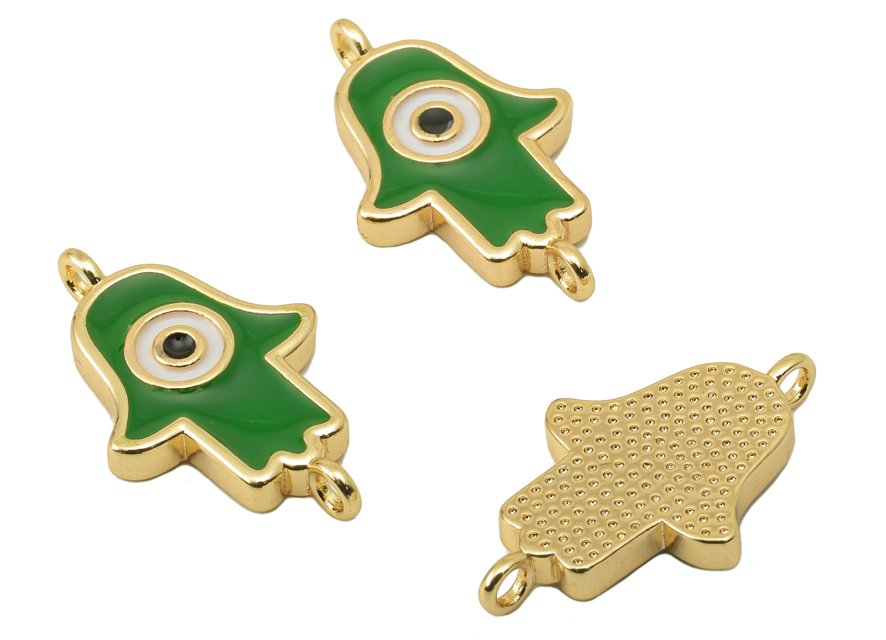 Brass Mamsa Earring Connector - Brass Green Enamel Pendant with Loop -Enamel For Bracelet -18K Real Gold Plating-21.05x12.88x2.42mm-RGP5890B - DOMEDBAZAAR