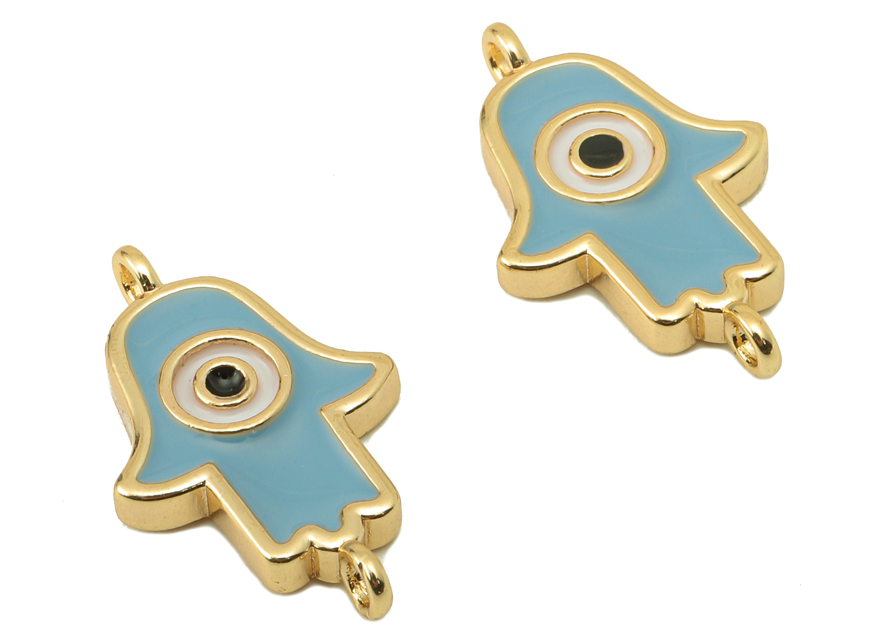 Brass Hamsa Earring Connector - Brass Blue Enamel Pendant With Loop - Enamel for Bracelet-18K Real Gold Plating-21.05x12.88x2.42mm-RGP5890C - DOMEDBAZAAR