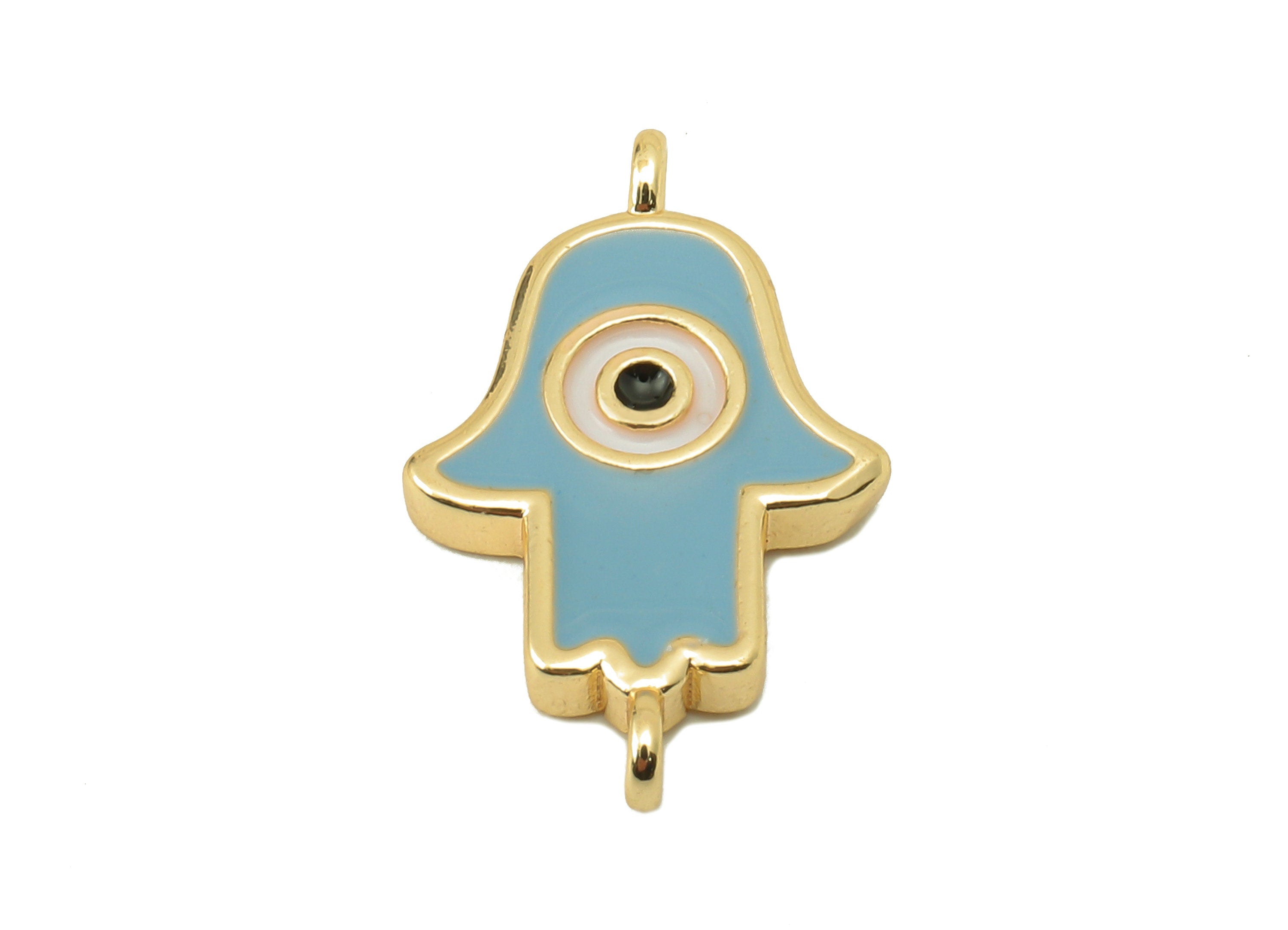 Brass Hamsa Earring Connector - Brass Blue Enamel Pendant With Loop - Enamel for Bracelet-18K Real Gold Plating-21.05x12.88x2.42mm-RGP5890C - DOMEDBAZAAR