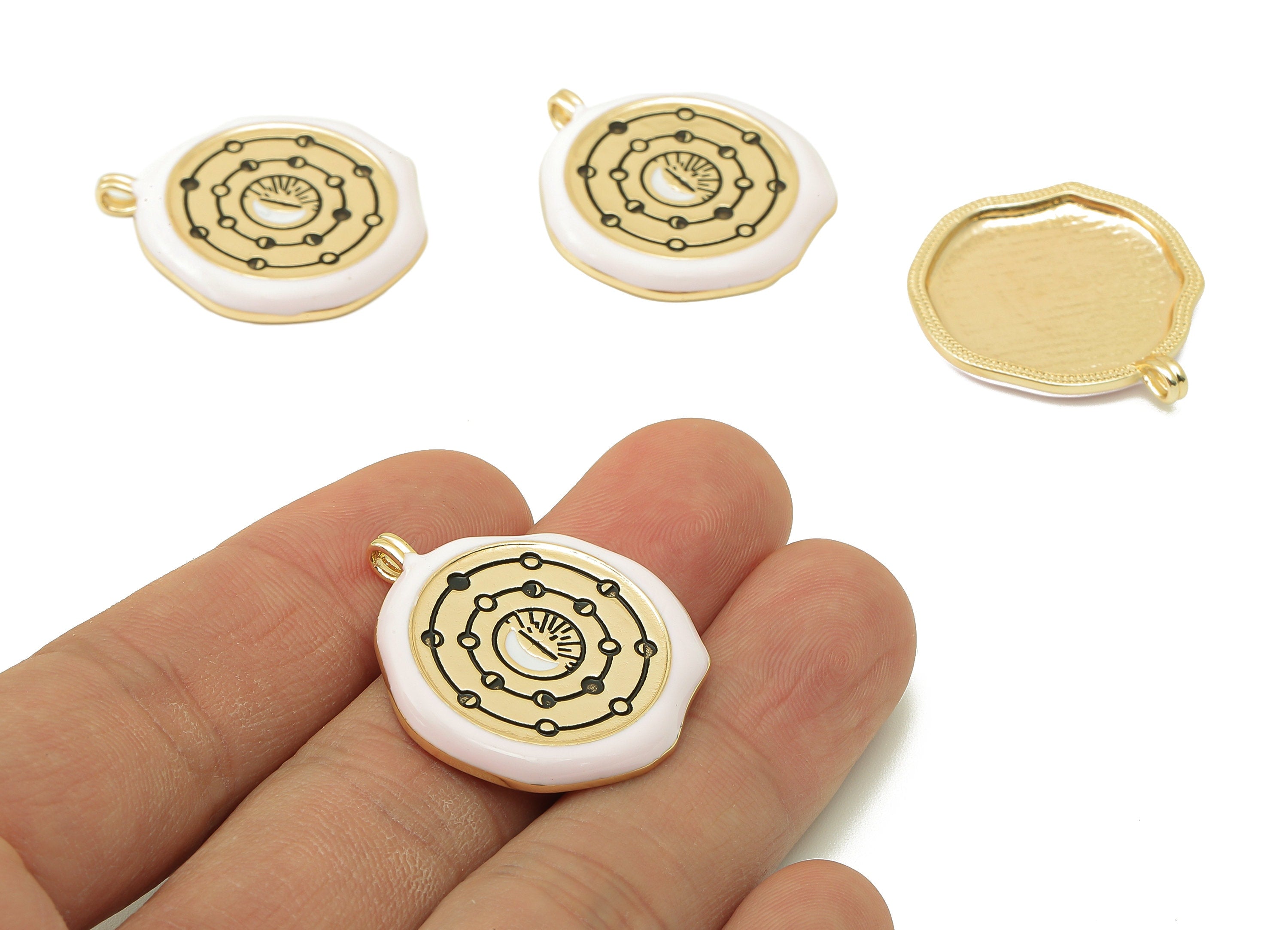 Brass Phases of The Moon Earring Charm - Brass Enamel Crescent Pendant - For Necklace -18K Real Gold Plating-30.93x 27.15x1.73mm-RGP5894 - DOMEDBAZAAR