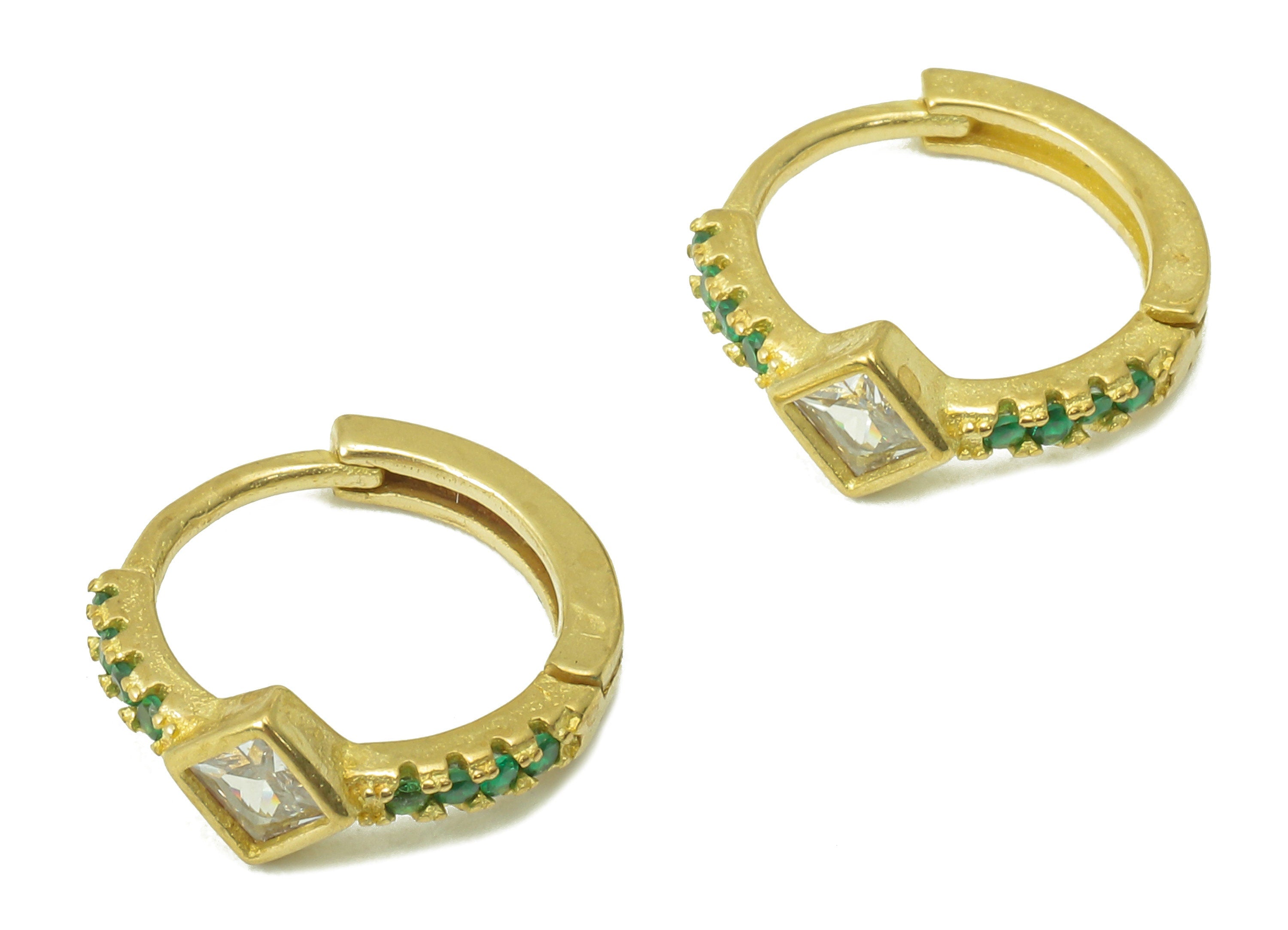 Raw Brass Round Earring - Princess Ring Hoop Huggie Earrings - Brass Green CZ Clasp Earrings - Cubic Zircon - 13.8x12.75x1.88mm- PP8247 - DOMEDBAZAAR