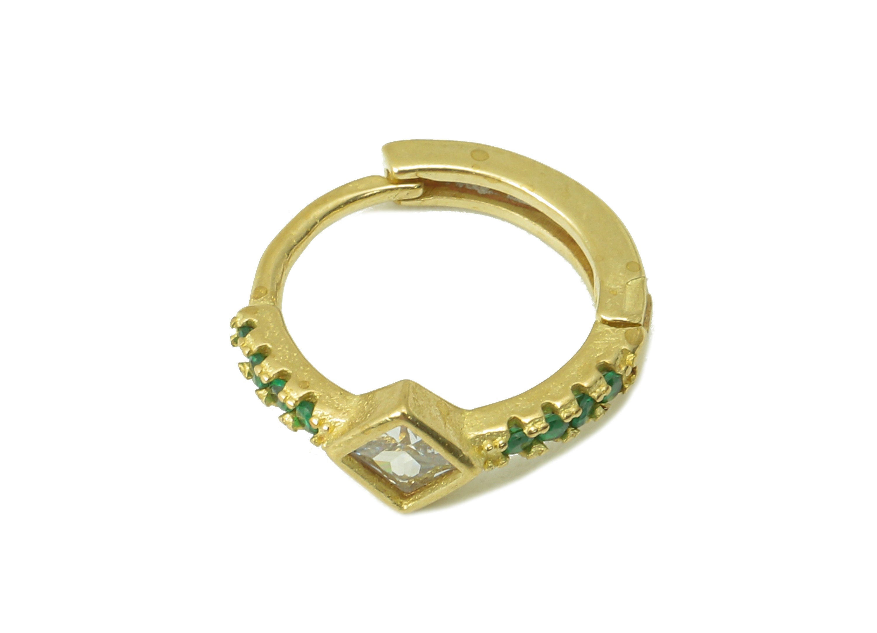 Raw Brass Round Earring - Princess Ring Hoop Huggie Earrings - Brass Green CZ Clasp Earrings - Cubic Zircon - 13.8x12.75x1.88mm- PP8247 - DOMEDBAZAAR