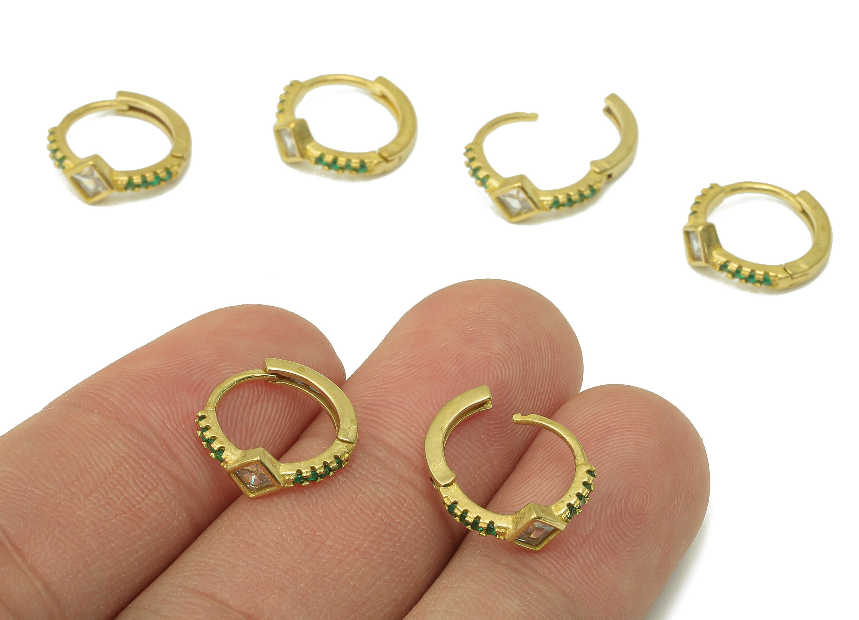 Raw Brass Round Earring - Princess Ring Hoop Huggie Earrings - Brass Green CZ Clasp Earrings - Cubic Zircon - 13.8x12.75x1.88mm- PP8247 - DOMEDBAZAAR