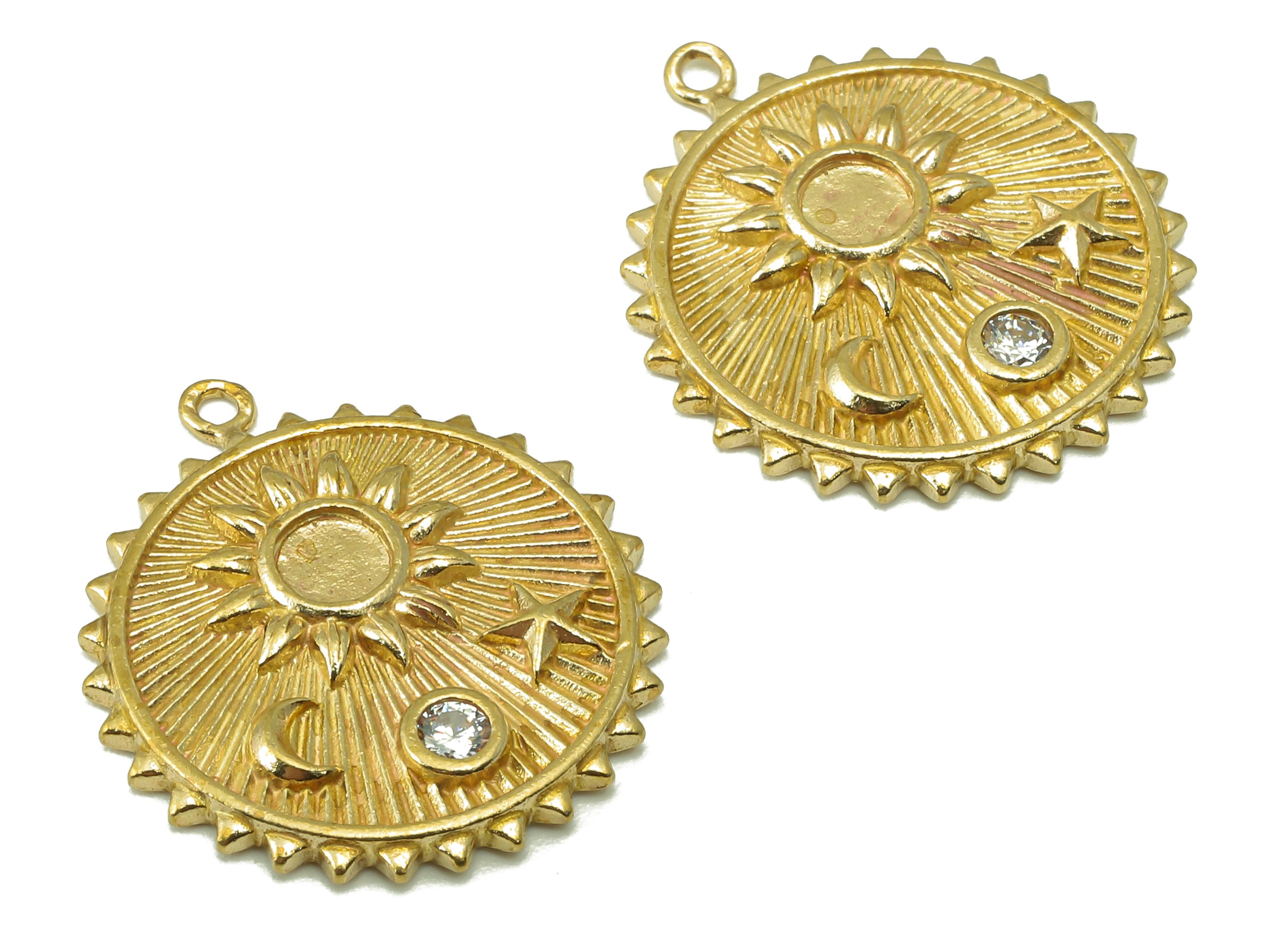 Raw Brass Round Sun Moon Star Earring Charm-Round Zircon Charm For Necklace-Zircon Circle Sun Pendant-For Necklace-22.14x19.46x2.12mm-PP8361 - DOMEDBAZAAR
