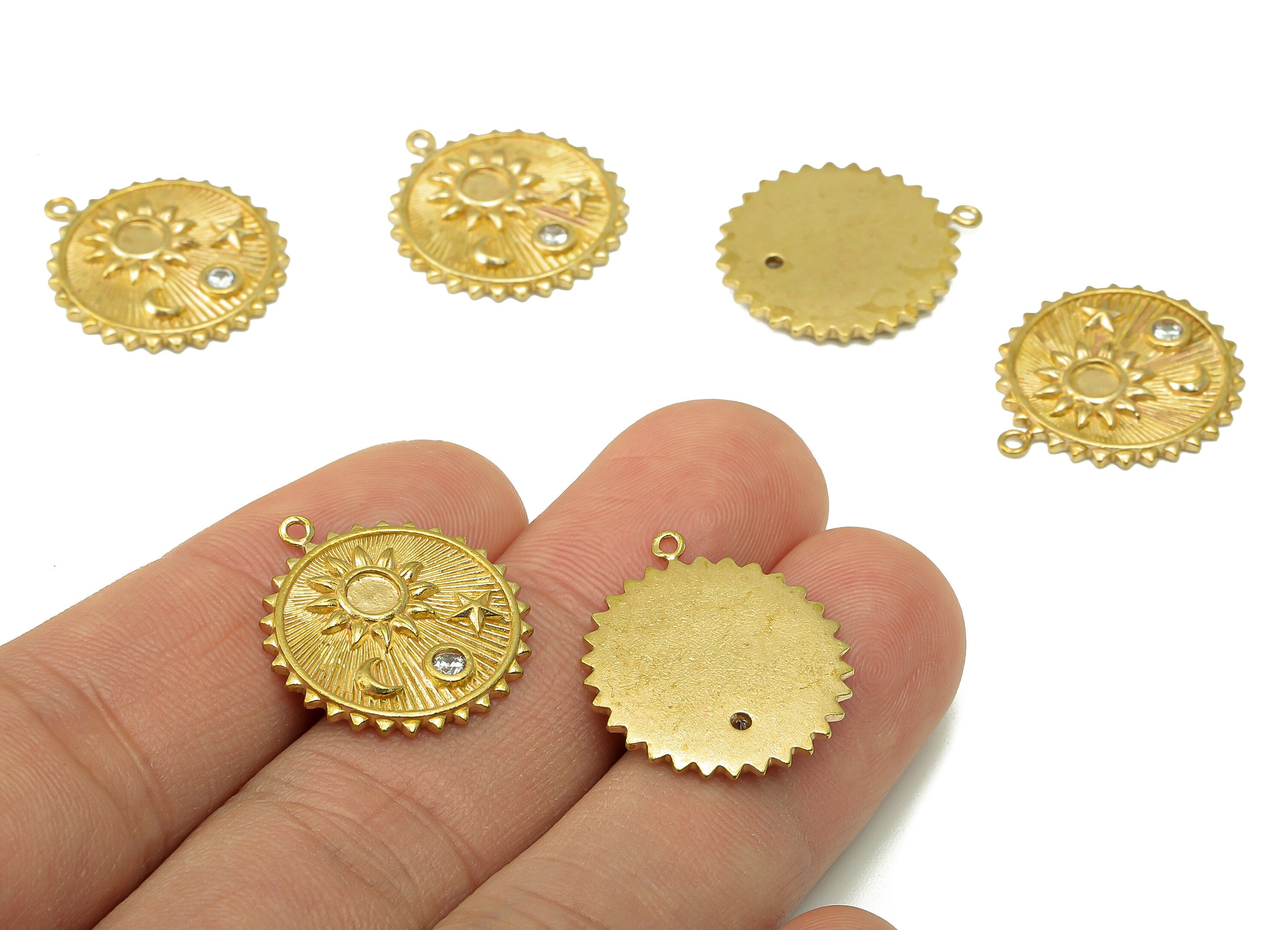 Raw Brass Round Sun Moon Star Earring Charm-Round Zircon Charm For Necklace-Zircon Circle Sun Pendant-For Necklace-22.14x19.46x2.12mm-PP8361 - DOMEDBAZAAR
