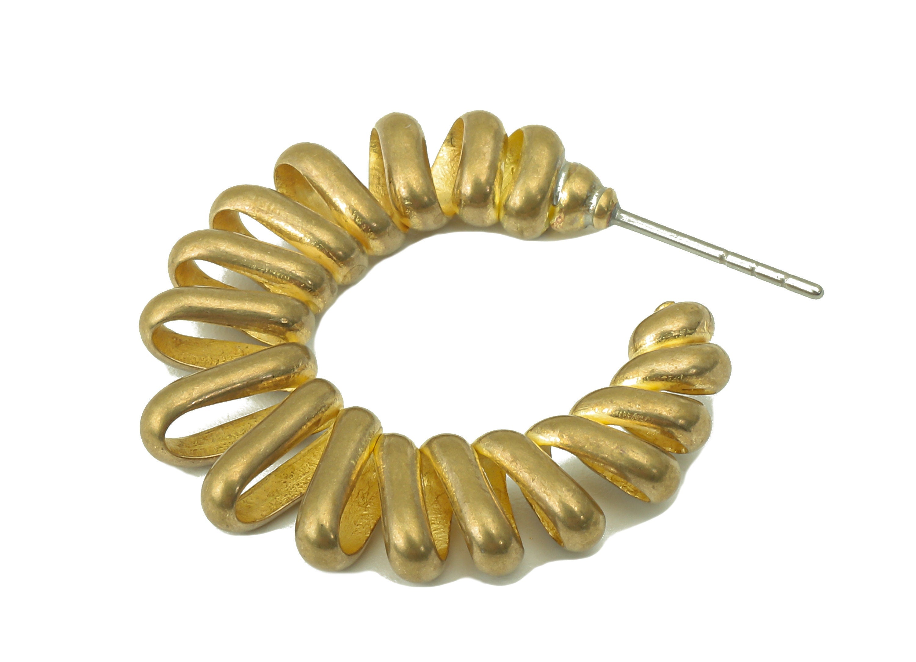 Raw Brass Spring C Hoop Stud Earring - Brass Spiral Wire Earring - Open Hoop Earring Post - Jewelry Making Supplies-33.53x25.34x3.7mm-PP8254 - DOMEDBAZAAR