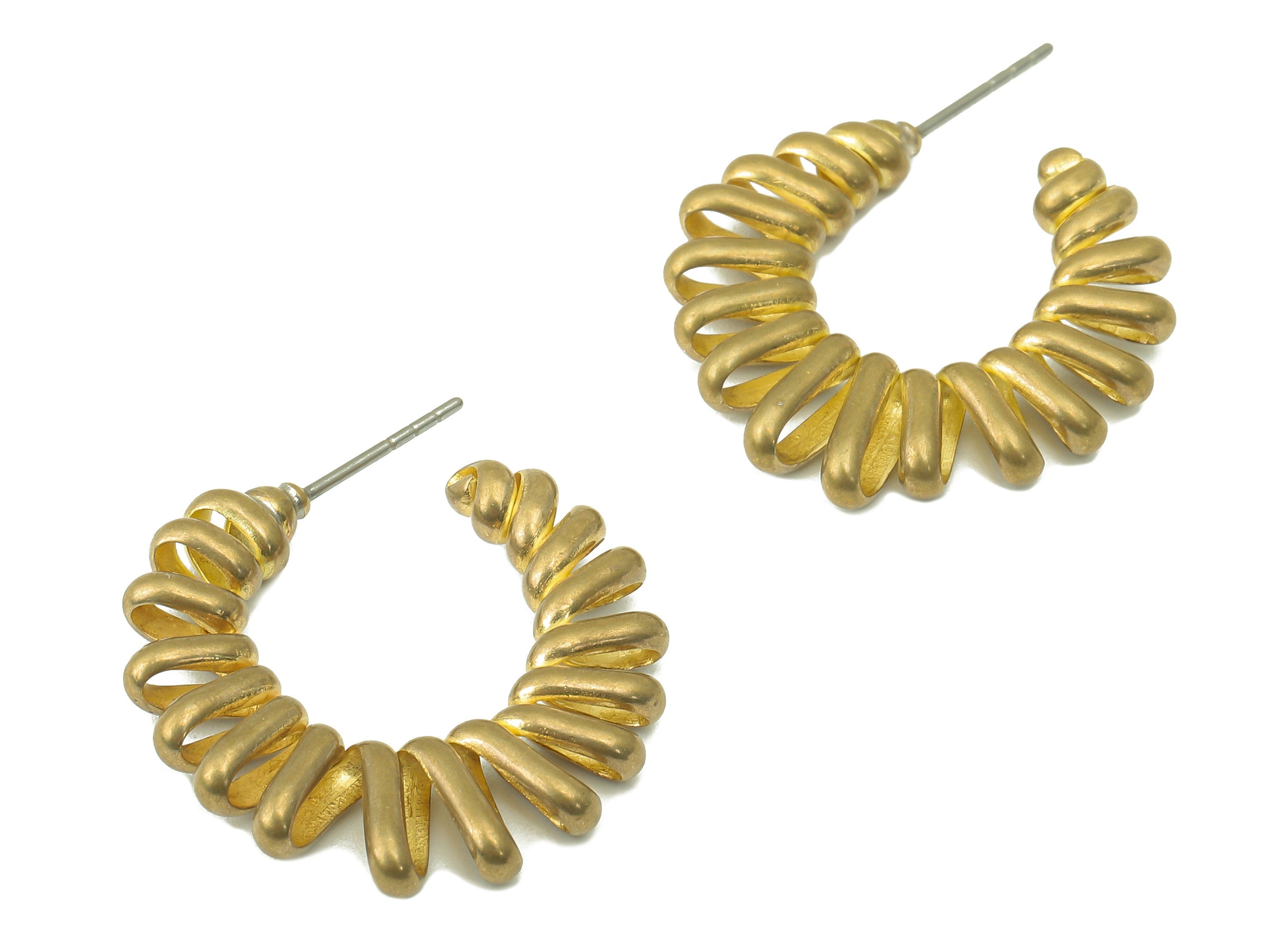 Raw Brass Spring C Hoop Stud Earring - Brass Spiral Wire Earring - Open Hoop Earring Post - Jewelry Making Supplies-33.53x25.34x3.7mm-PP8254 - DOMEDBAZAAR