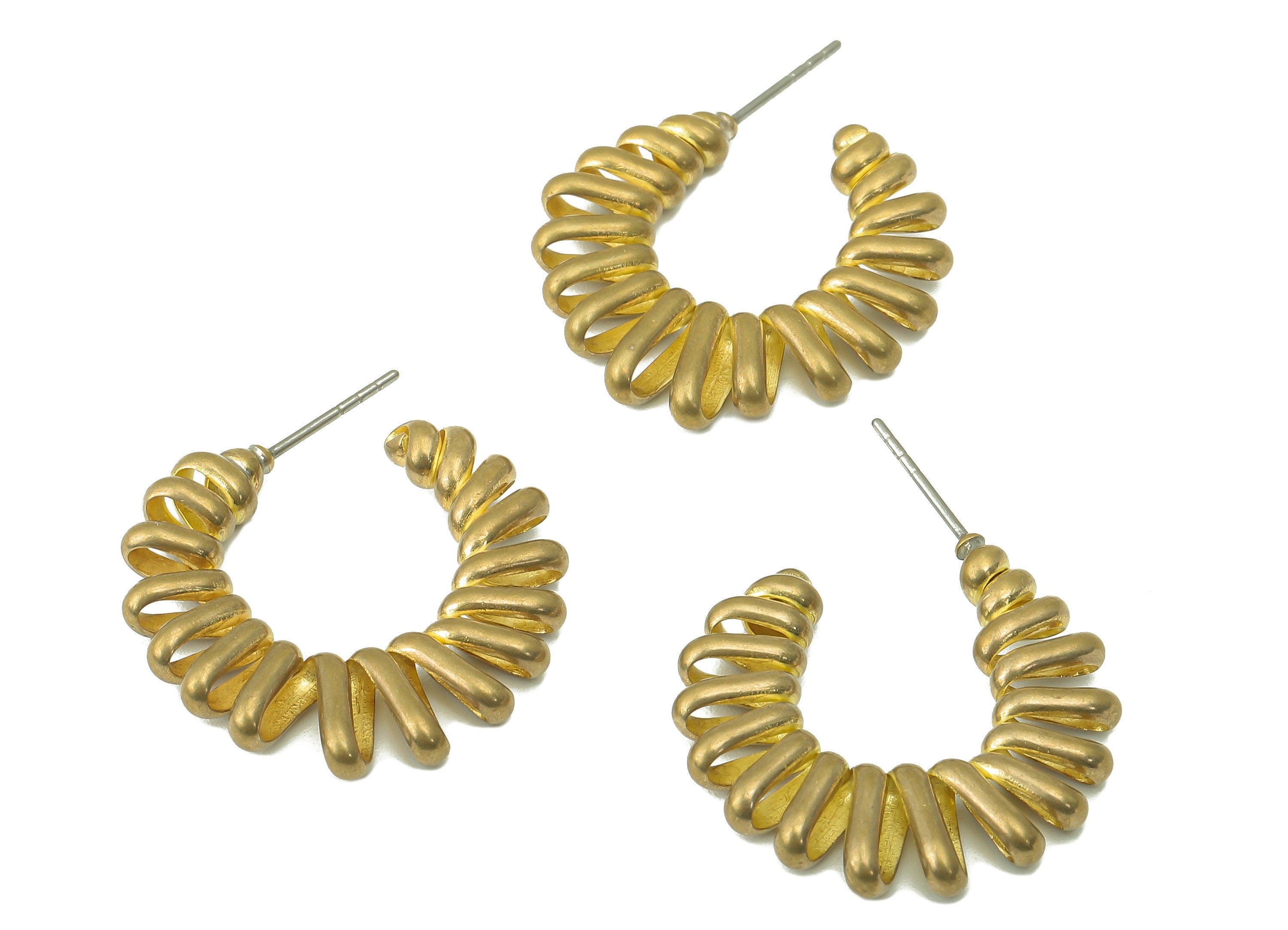 Raw Brass Spring C Hoop Stud Earring - Brass Spiral Wire Earring - Open Hoop Earring Post - Jewelry Making Supplies-33.53x25.34x3.7mm-PP8254 - DOMEDBAZAAR
