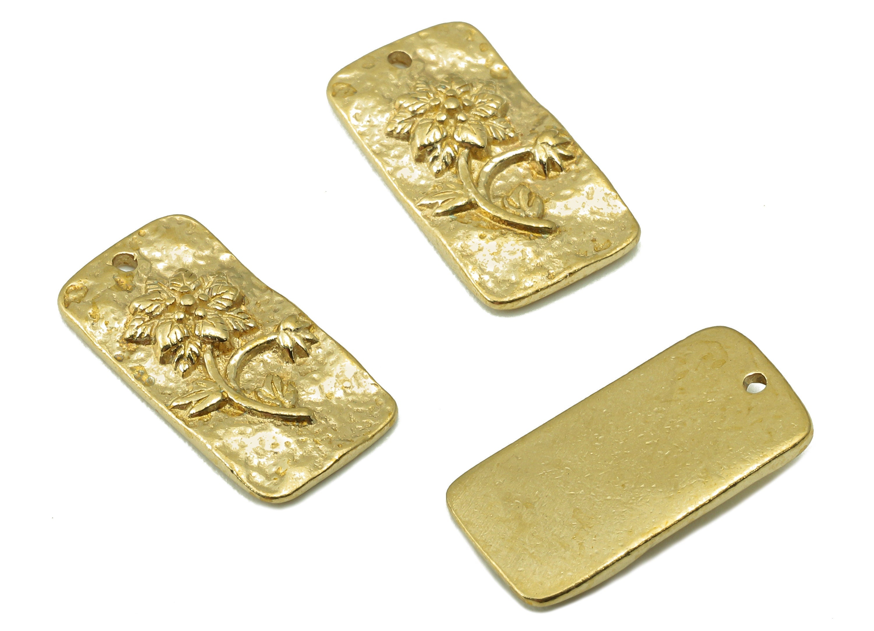 Raw Brass Rectangle Connectors - Carving Flower Embossing Rectangle Pendant - 2 Holes - Jewelry Supplies - 16.07 x 8.49 x 2.68 mm- PP8363 - DOMEDBAZAAR