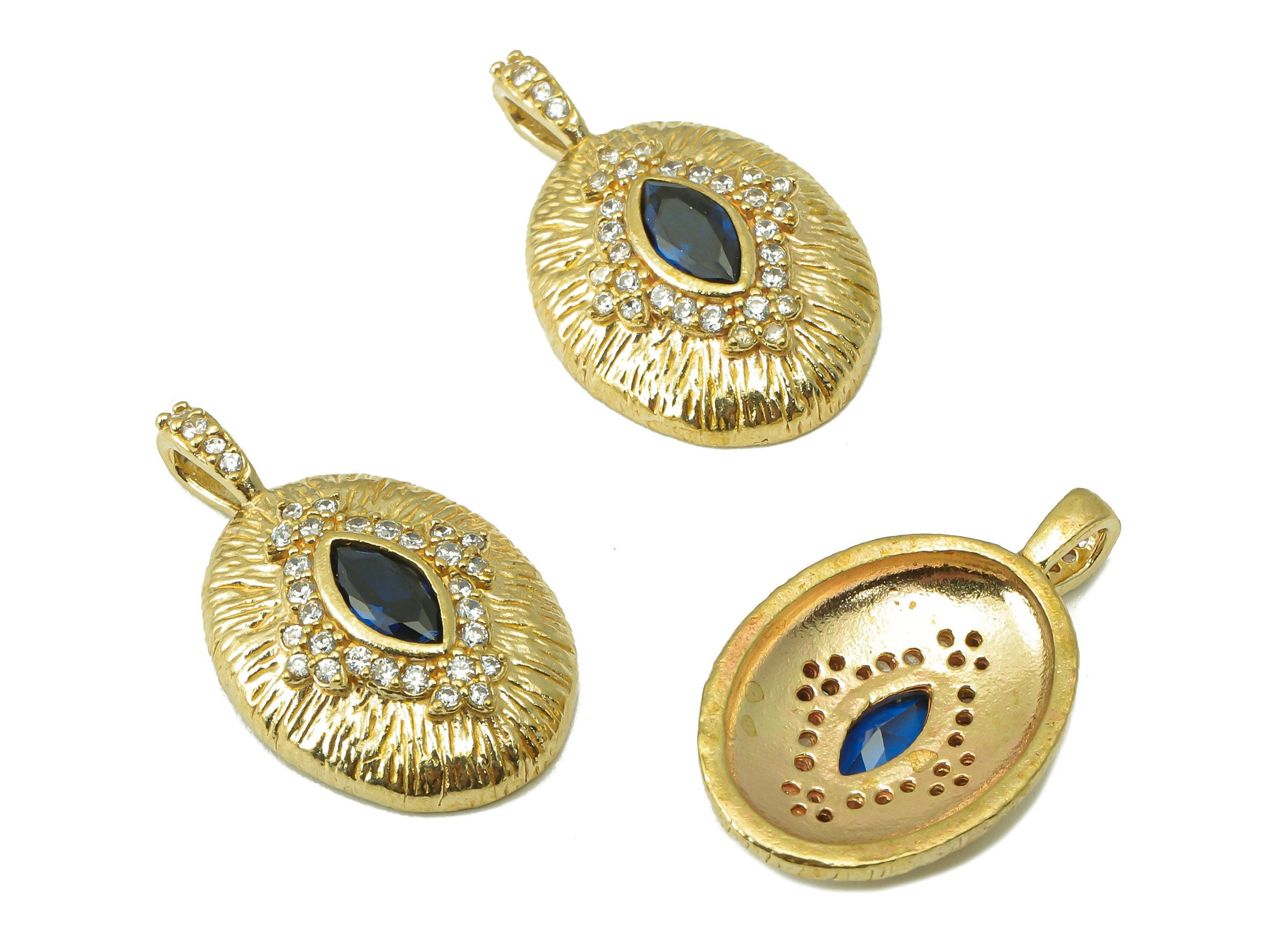 Raw Brass  Ellipse Earring-Ellipse Zircon Precious Stone Charm For Necklace-Eye Pattern Zircon Pendant-For Necklace-23.4x13.93x2.03mm-PP8374 - DOMEDBAZAAR