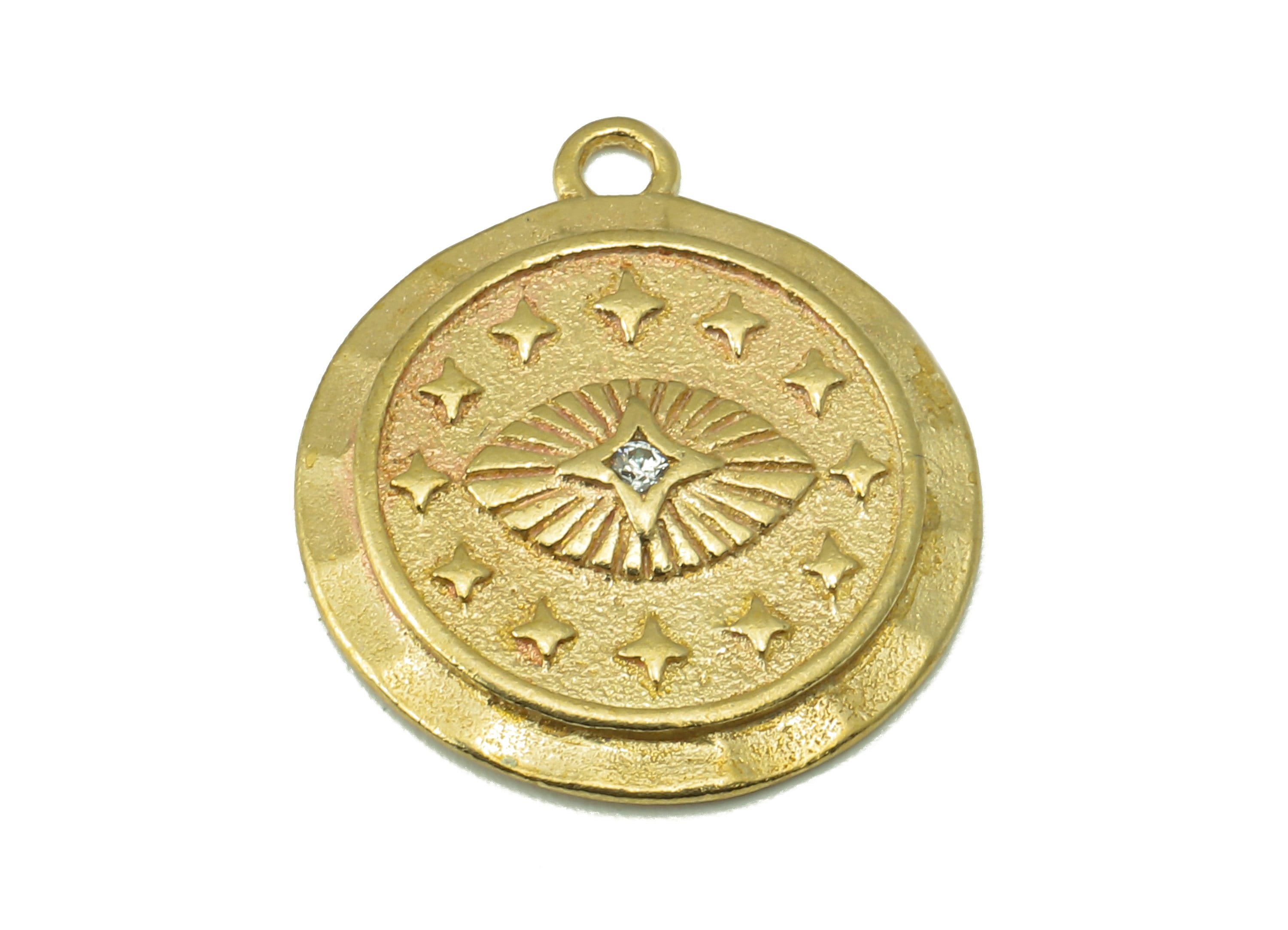 Raw Brass Round Stars Earring Charms - Raw Brass Zircon Pendant - Circle Connector-Jewelry Making Supplies - 19.78 x 16.58 x 2.14mm - PP8376 - DOMEDBAZAAR