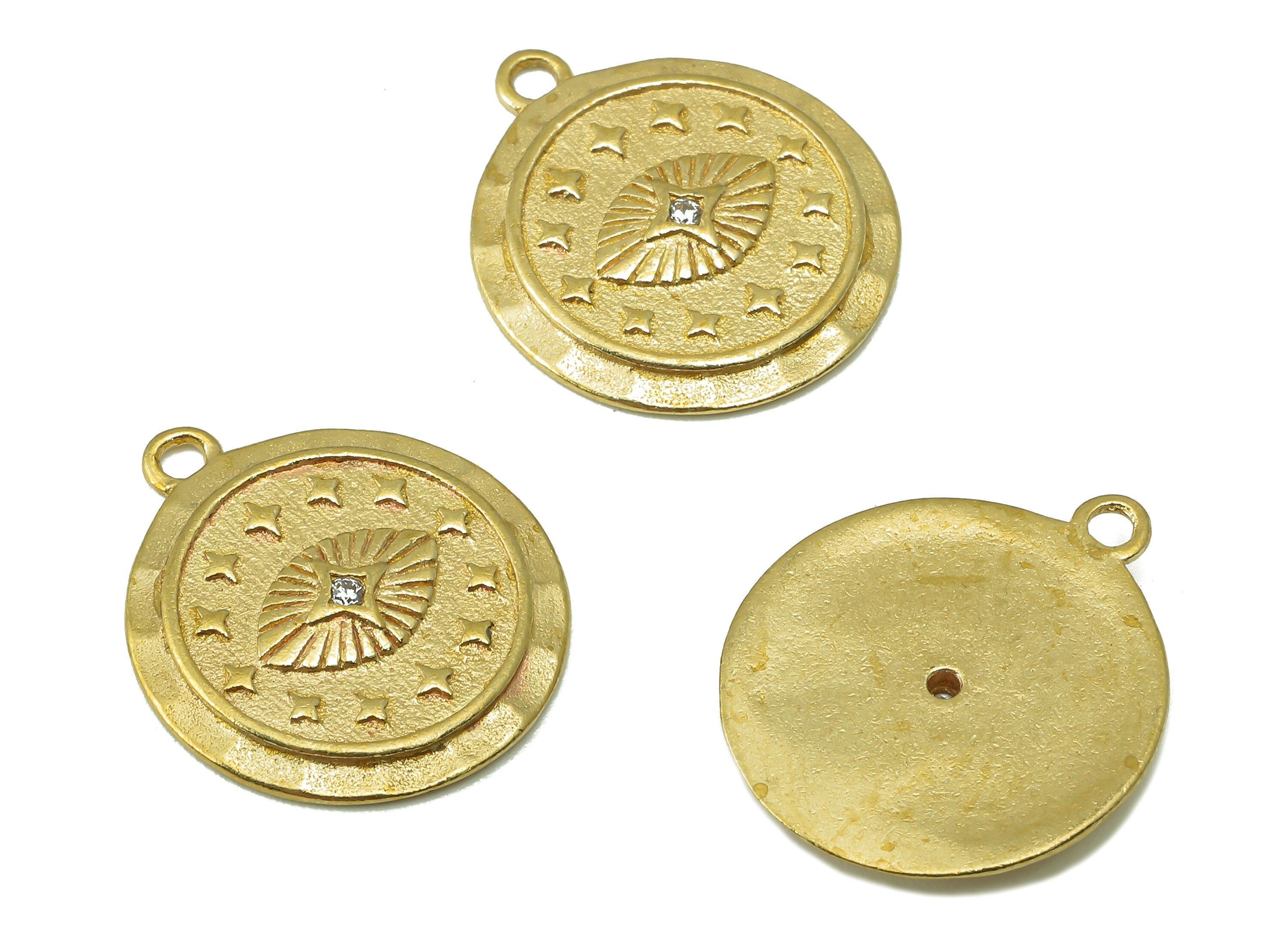 Raw Brass Round Stars Earring Charms - Raw Brass Zircon Pendant - Circle Connector-Jewelry Making Supplies - 19.78 x 16.58 x 2.14mm - PP8376 - DOMEDBAZAAR