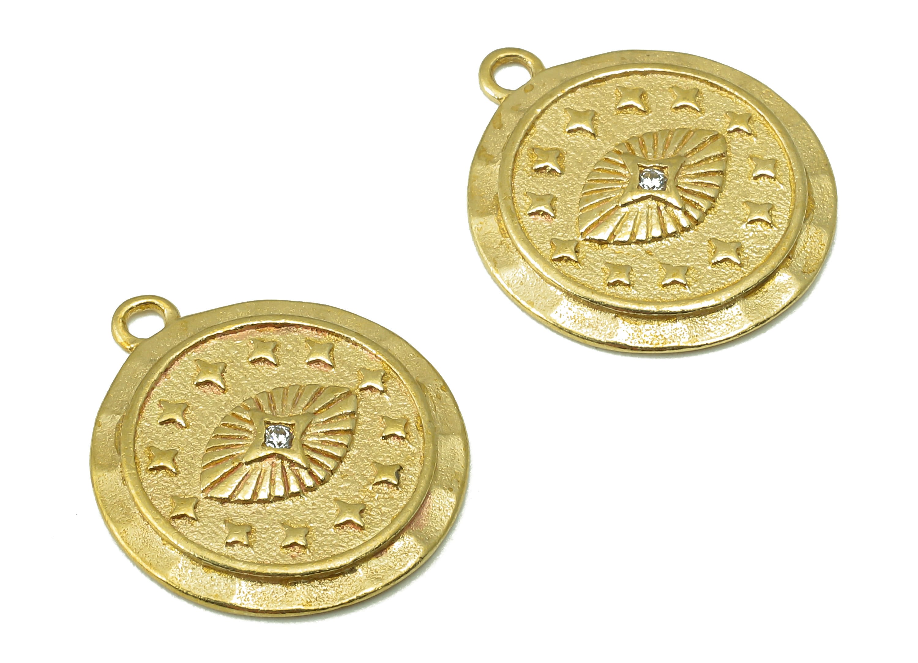 Raw Brass Round Stars Earring Charms - Raw Brass Zircon Pendant - Circle Connector-Jewelry Making Supplies - 19.78 x 16.58 x 2.14mm - PP8376 - DOMEDBAZAAR