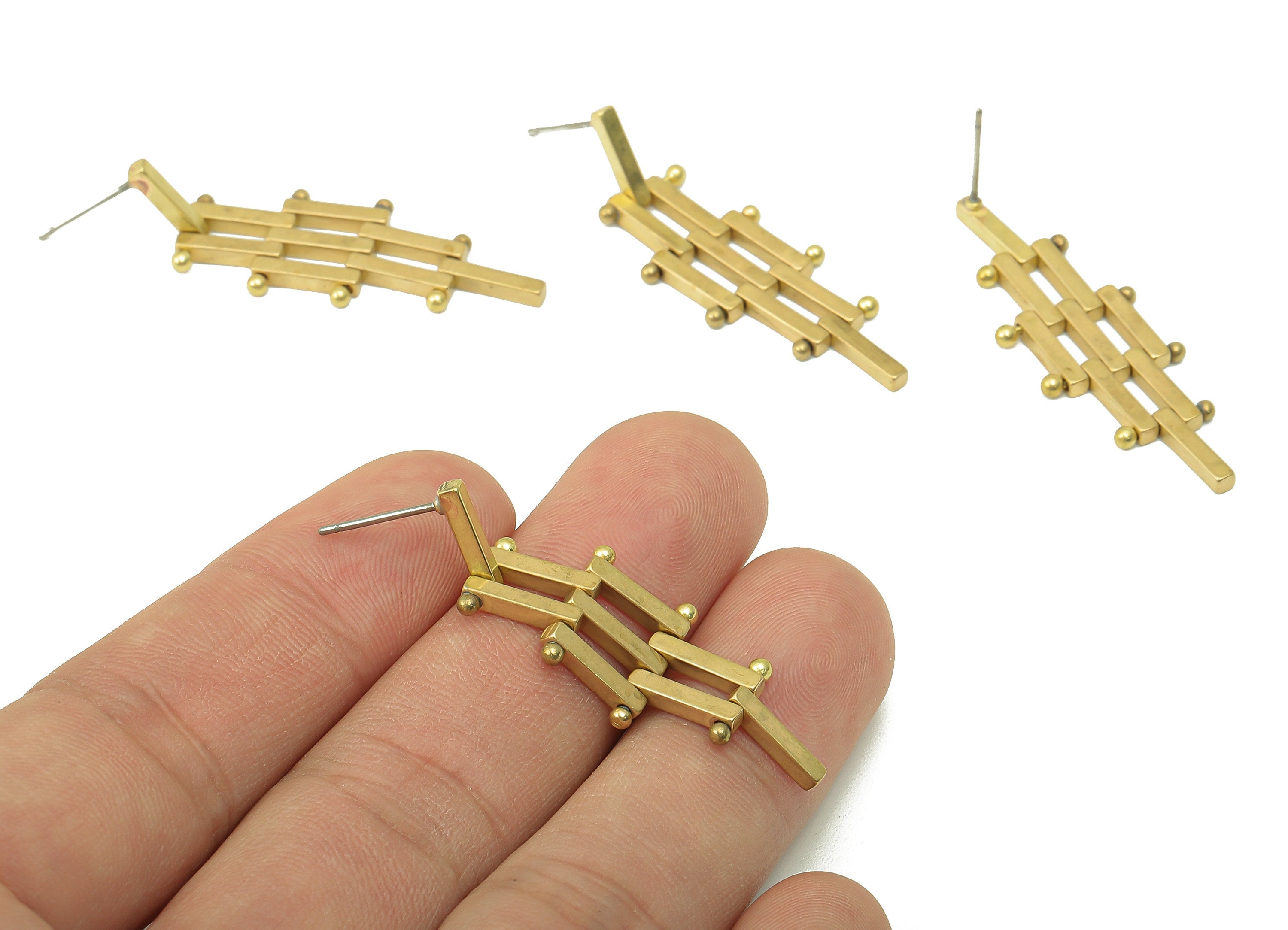 Raw Brass Ladder Stud Earring - Brass Rectangle Earring Stud and Hanging Ladder Earring Post -Jewelry Making -42.78x 14.38x1.96mm- PP8267 - DOMEDBAZAAR