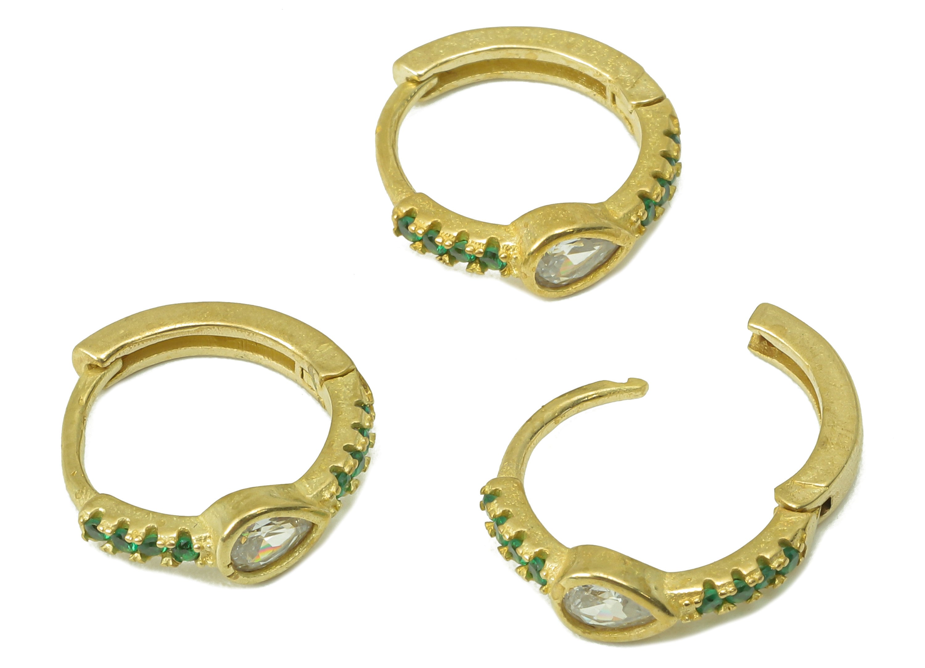 Raw Brass Zircon Drop Huggies Hoop Earrings - Green Dainty Pear Huggie with Open Ring – Small Clasp Hoop Earrings-13.72x13.02x2.25mm- PP8283 - DOMEDBAZAAR