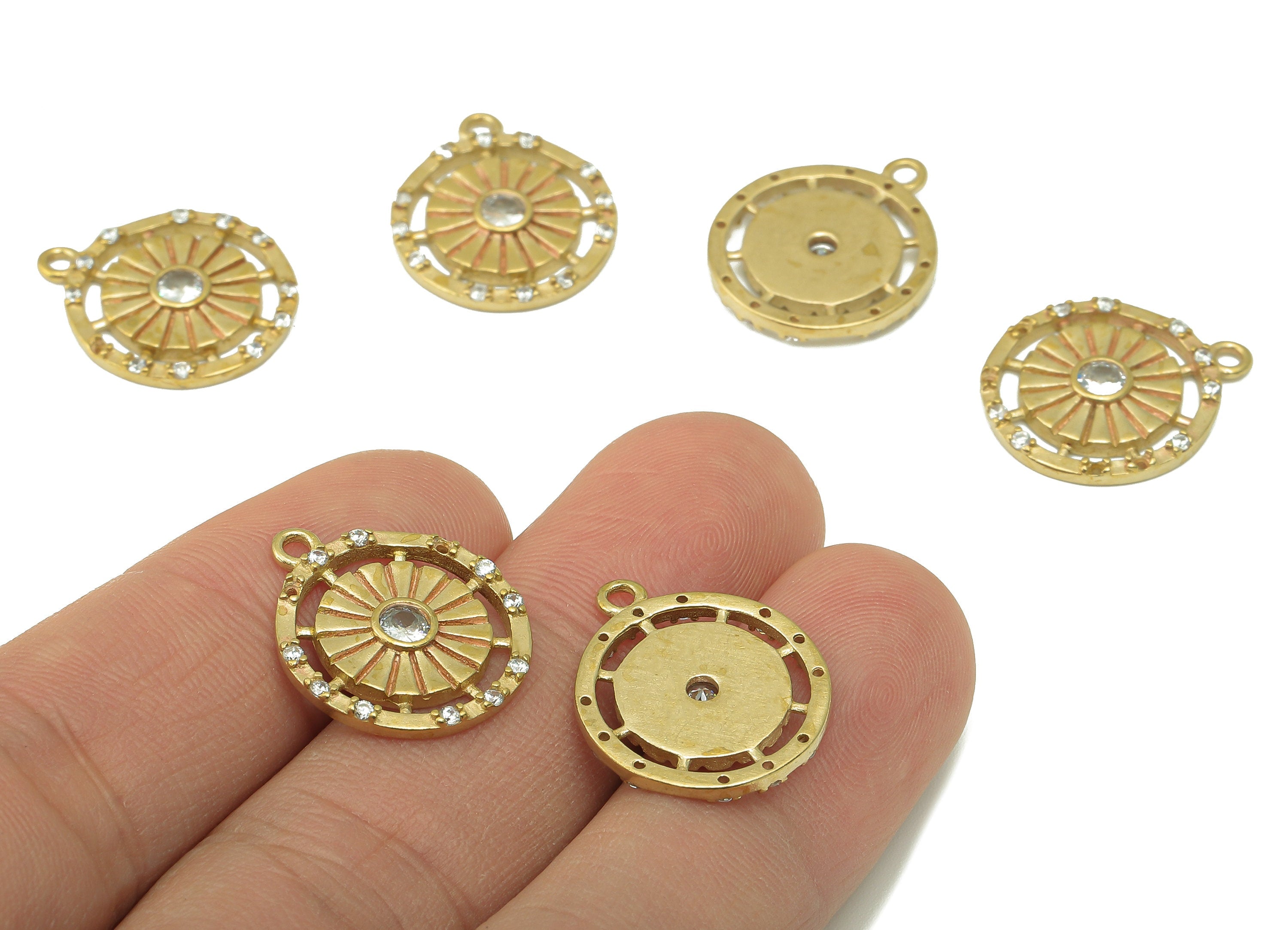 Raw Brass Round Zircon Necklace Charms-Raw Brass Circle Hollow Out Pendant-Petal Pendant-Jewelry Making Supplies -20.32x16.9x2.29mm - PP8379 - DOMEDBAZAAR