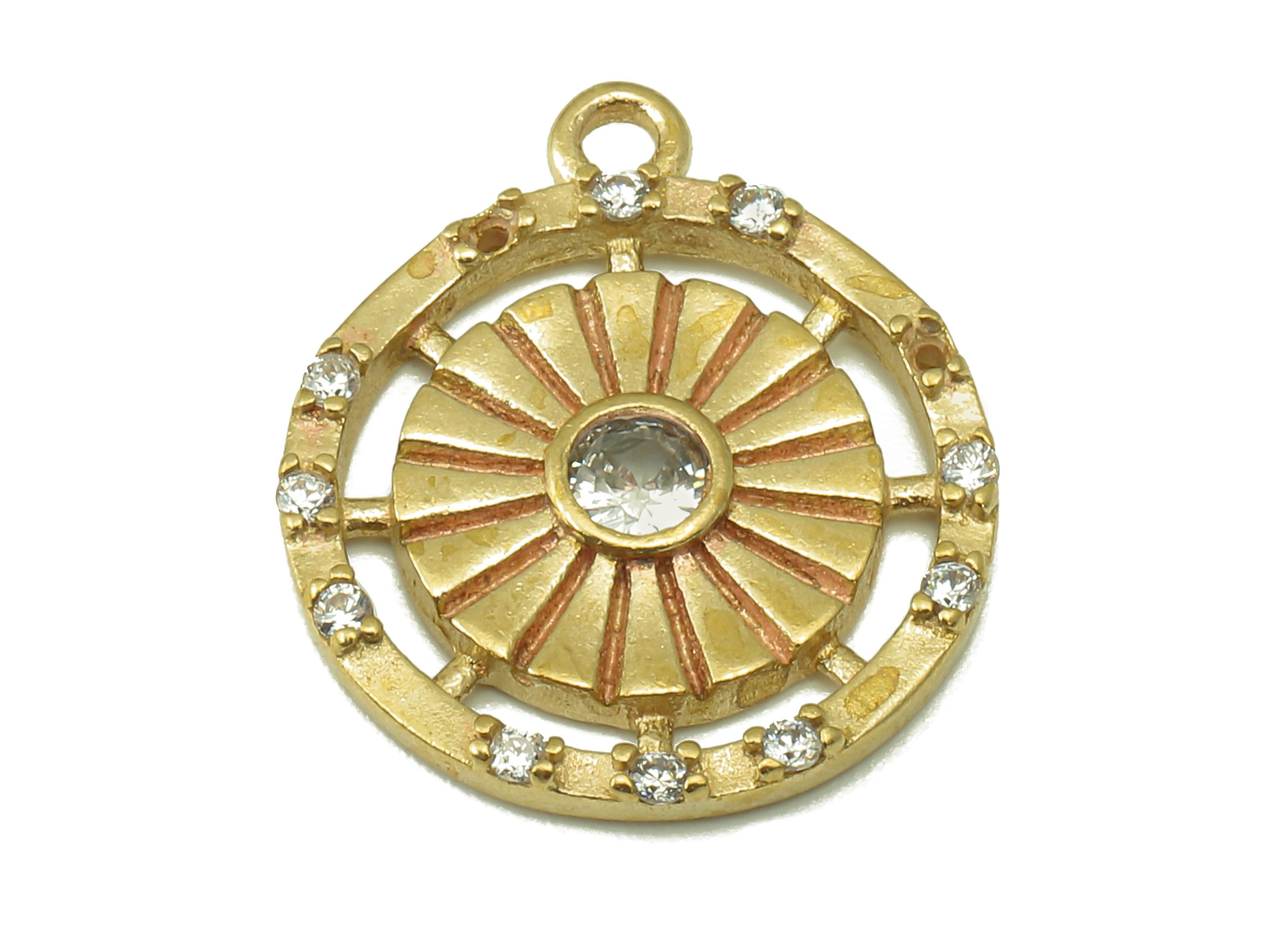 Raw Brass Round Zircon Necklace Charms-Raw Brass Circle Hollow Out Pendant-Petal Pendant-Jewelry Making Supplies -20.32x16.9x2.29mm - PP8379 - DOMEDBAZAAR