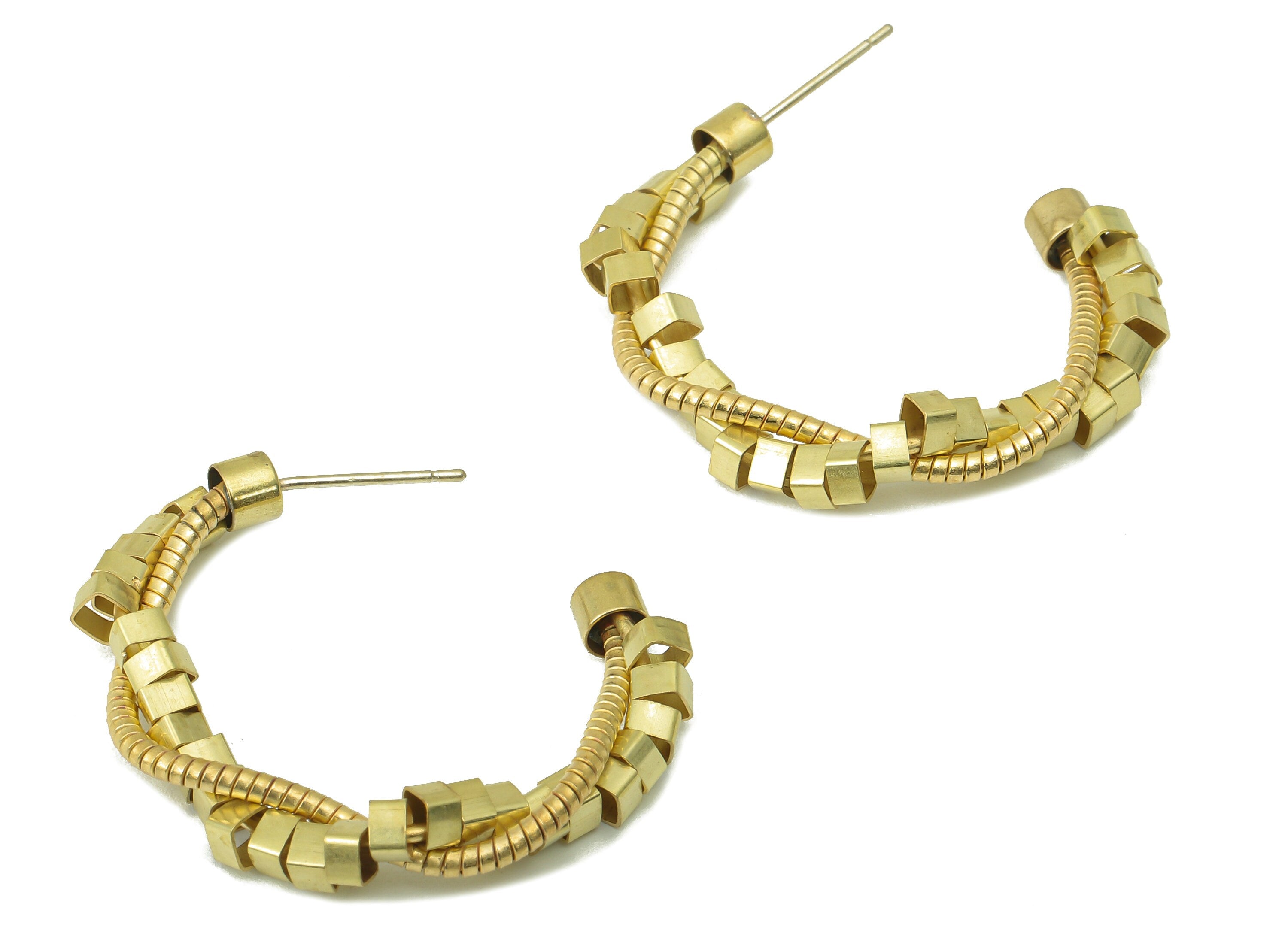 Raw Brass C Hoop Stud Earring - Brass Shake Cube Earring Stud - C Open Chain Hoop Earring Post - Earring Hoop - 32.45x 31.85x4.73mm - PP8289 - DOMEDBAZAAR