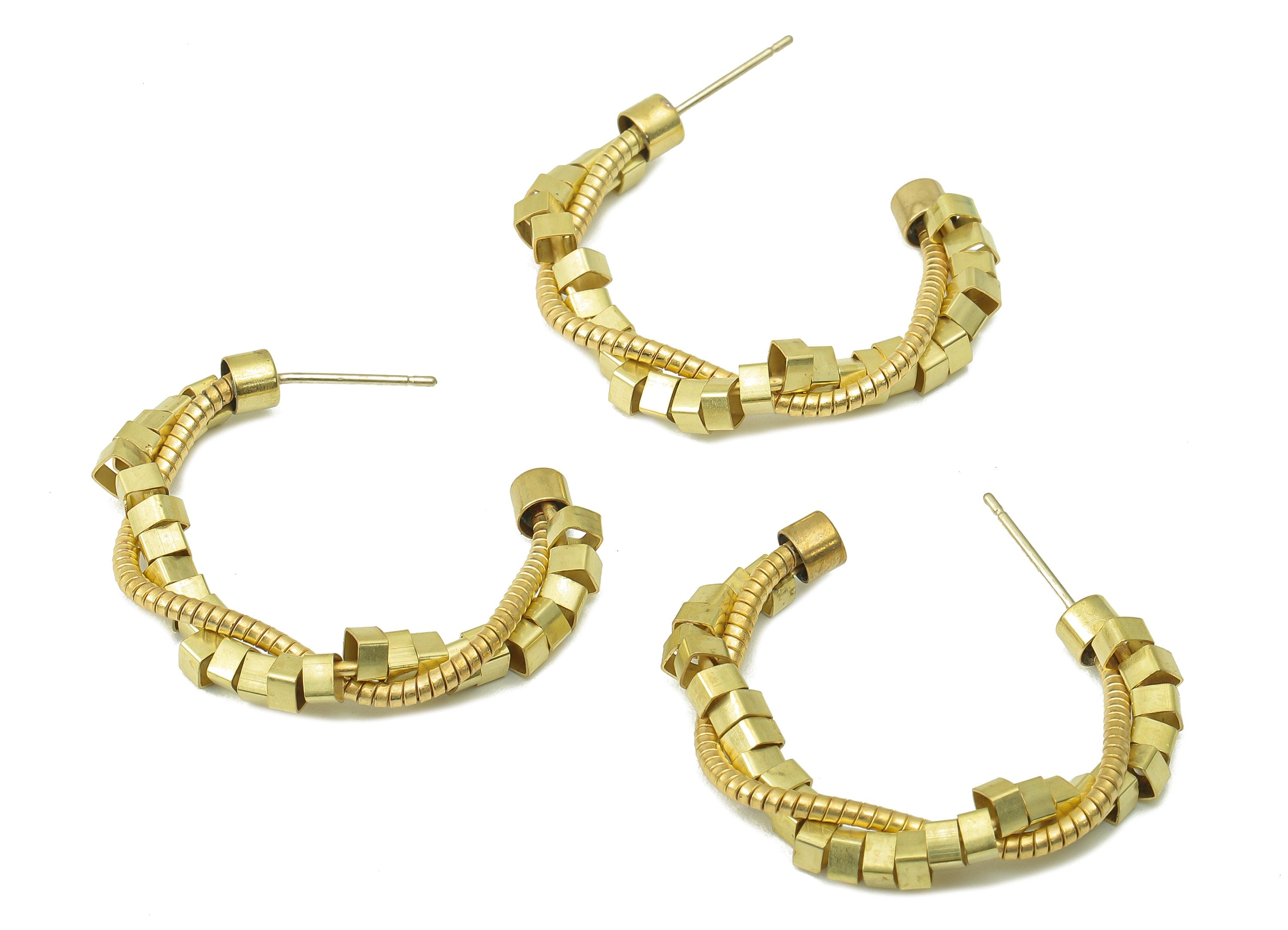 Raw Brass C Hoop Stud Earring - Brass Shake Cube Earring Stud - C Open Chain Hoop Earring Post - Earring Hoop - 32.45x 31.85x4.73mm - PP8289 - DOMEDBAZAAR