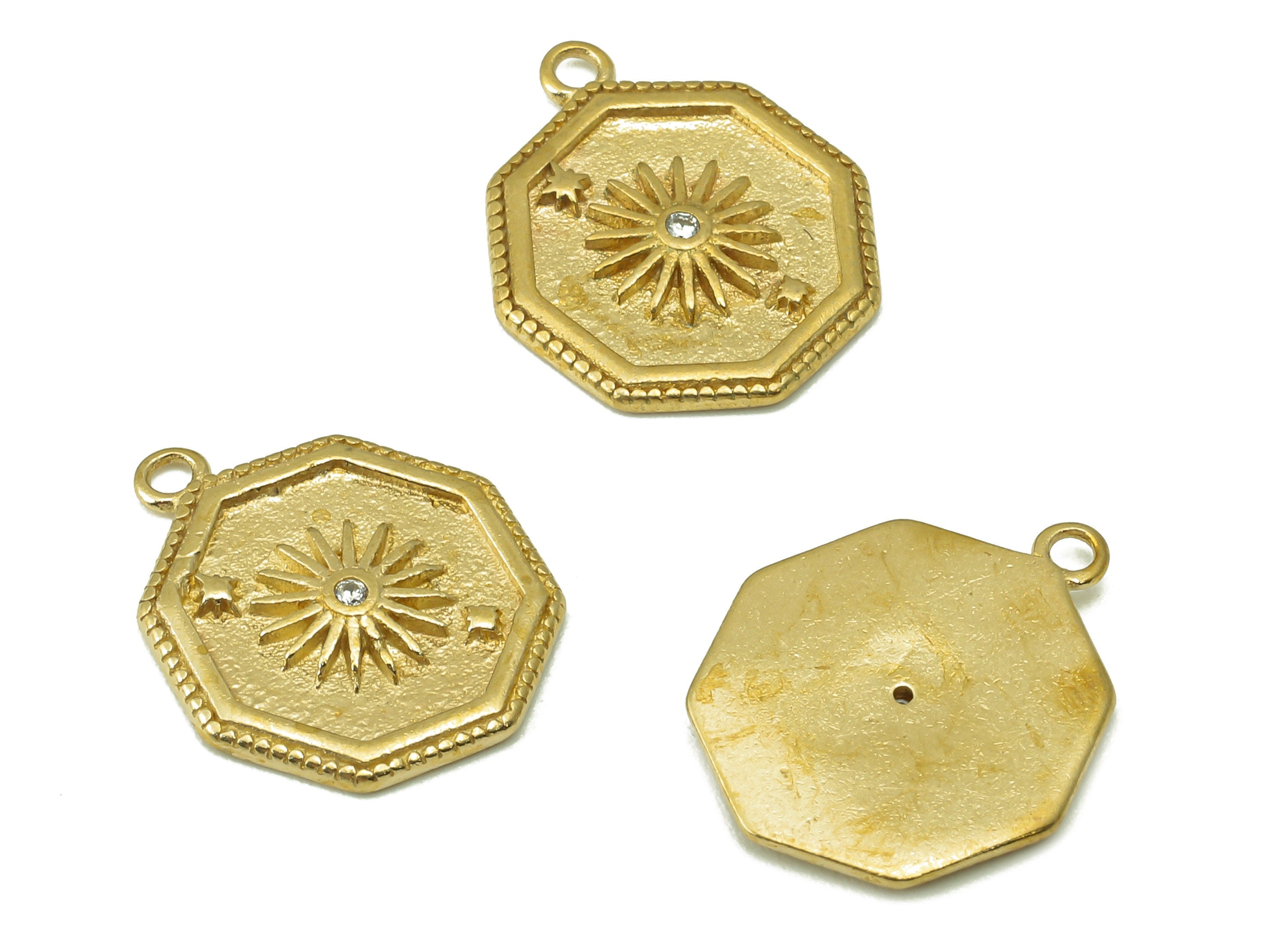 Raw Brass Octagon Zircon Pendant-Raw Brass Octagon Necklace Connector Daisy-Shaped Zircon-Jewelry Making Supplies-17.48x14.29x1.72mm-PP8383 - DOMEDBAZAAR