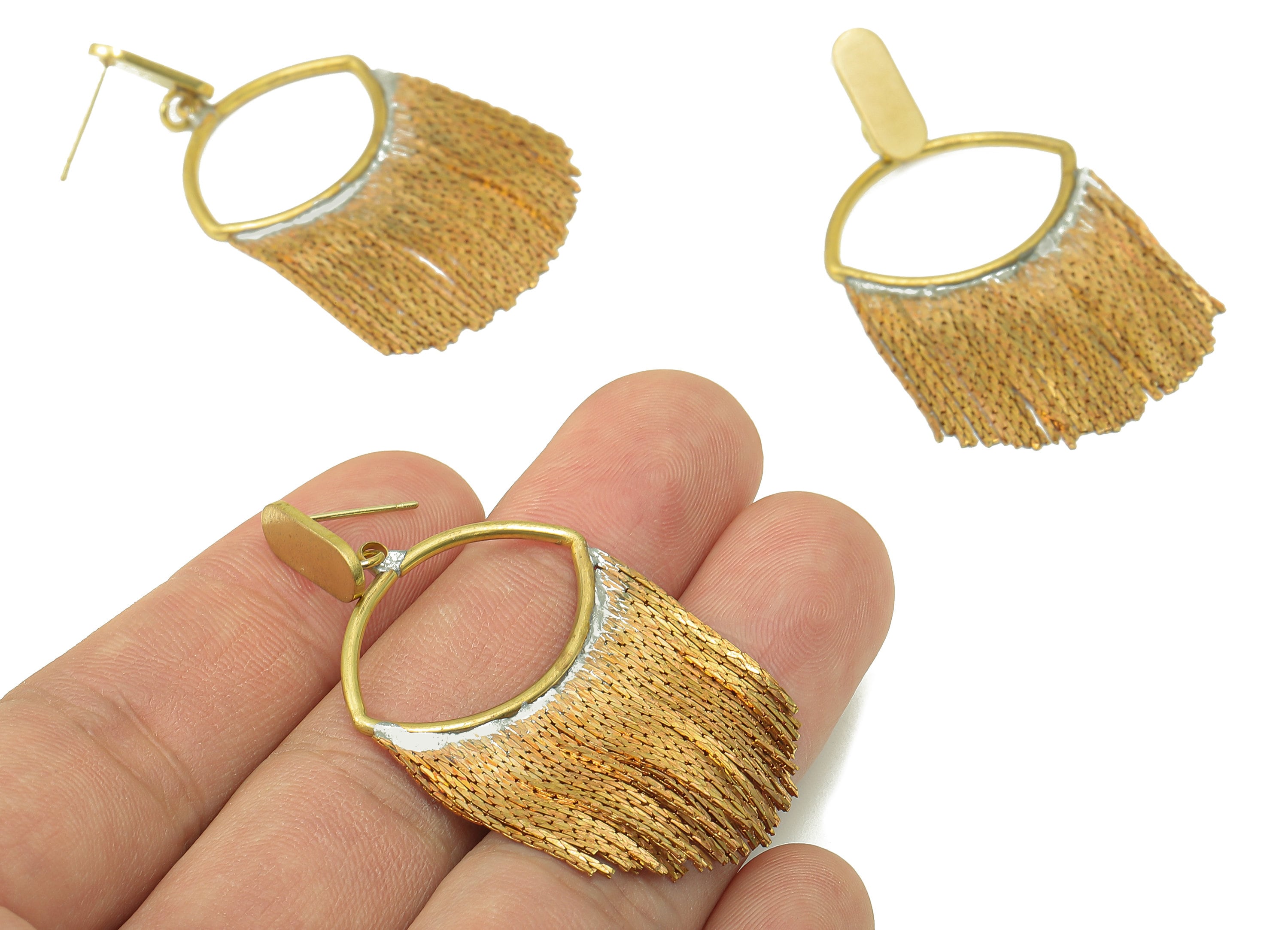 Raw Brass Snake Chain Tassel Earring - Brass Hanging Chains Earring Post - Eye Snake Chain Stud -Jewelry Making-53.22x 28.18x 1.65mm- PP8333 - DOMEDBAZAAR