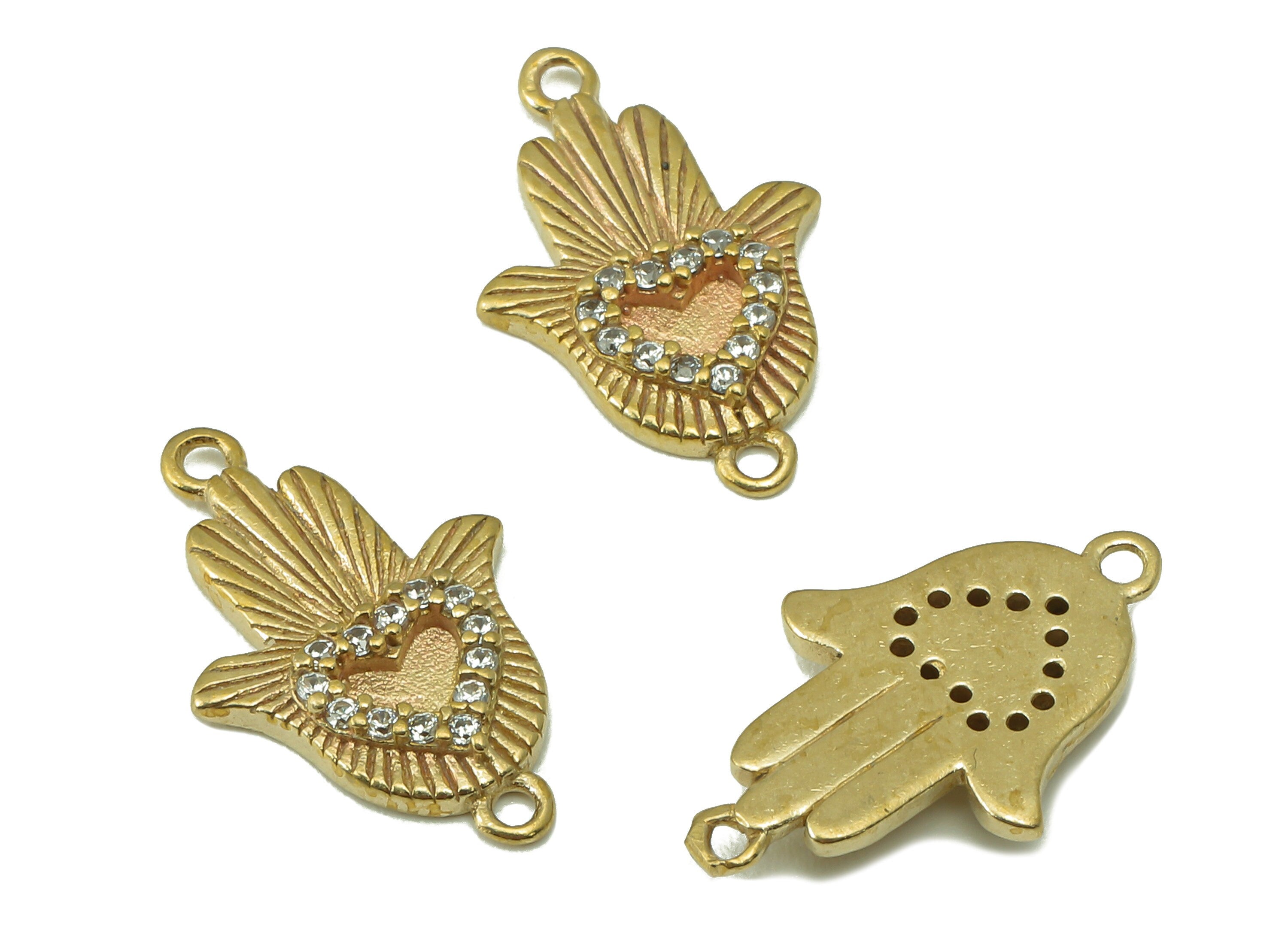 Raw Brass Zircon hamsa Heart Pendant - Raw Brass hamsa Heart Pendant - DIY Jewelry Making Supplies - 18.84 x 11.7 x 2.3mm - PP8391 - DOMEDBAZAAR