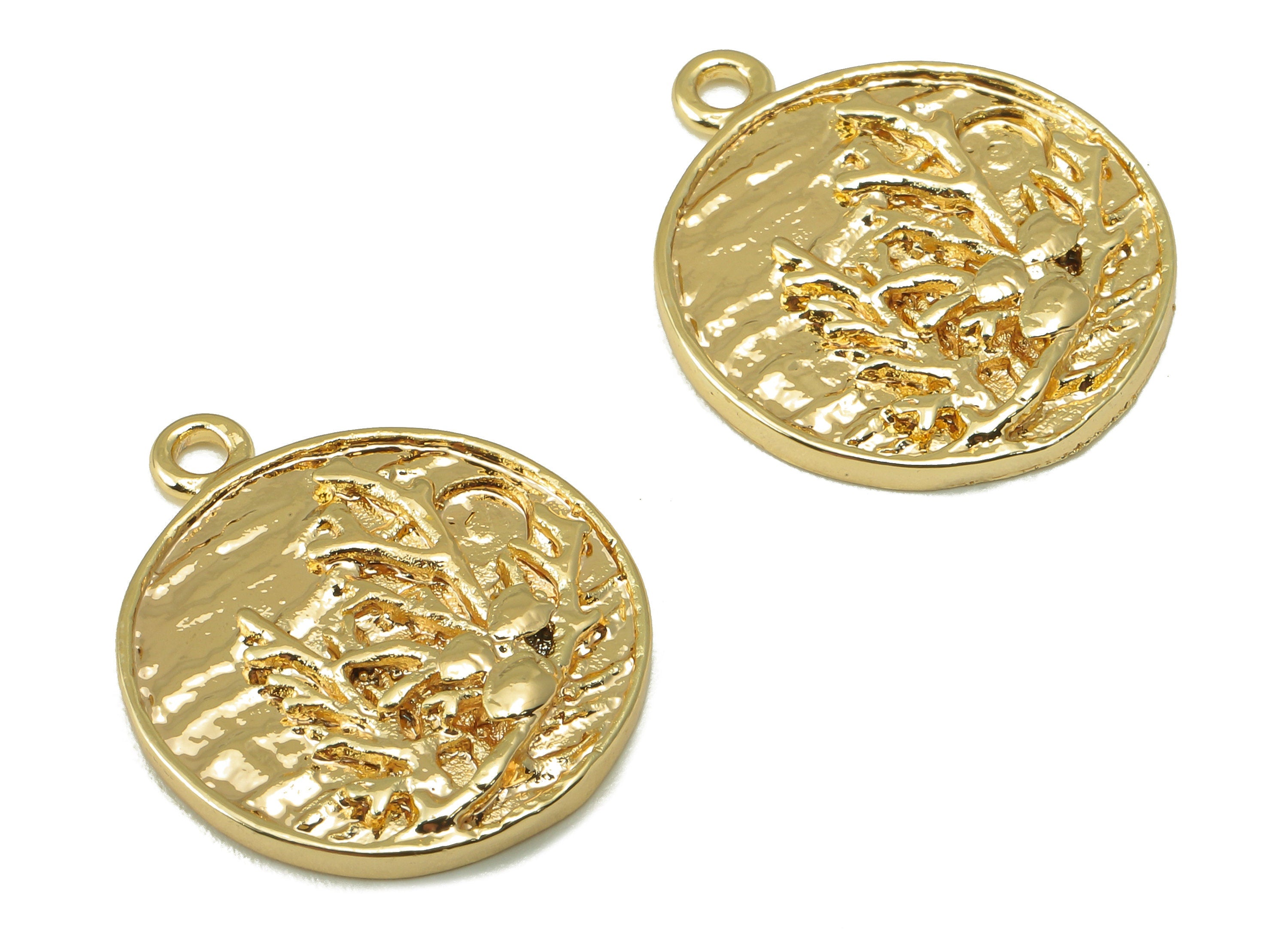Round Branch Pendant-Brass Circle Charm Necklace-Pendant With Loop-Carved Branches And Waves-18KReal Gold Plating-20.82x17.53x1.83mm-RGP6120 - DOMEDBAZAAR