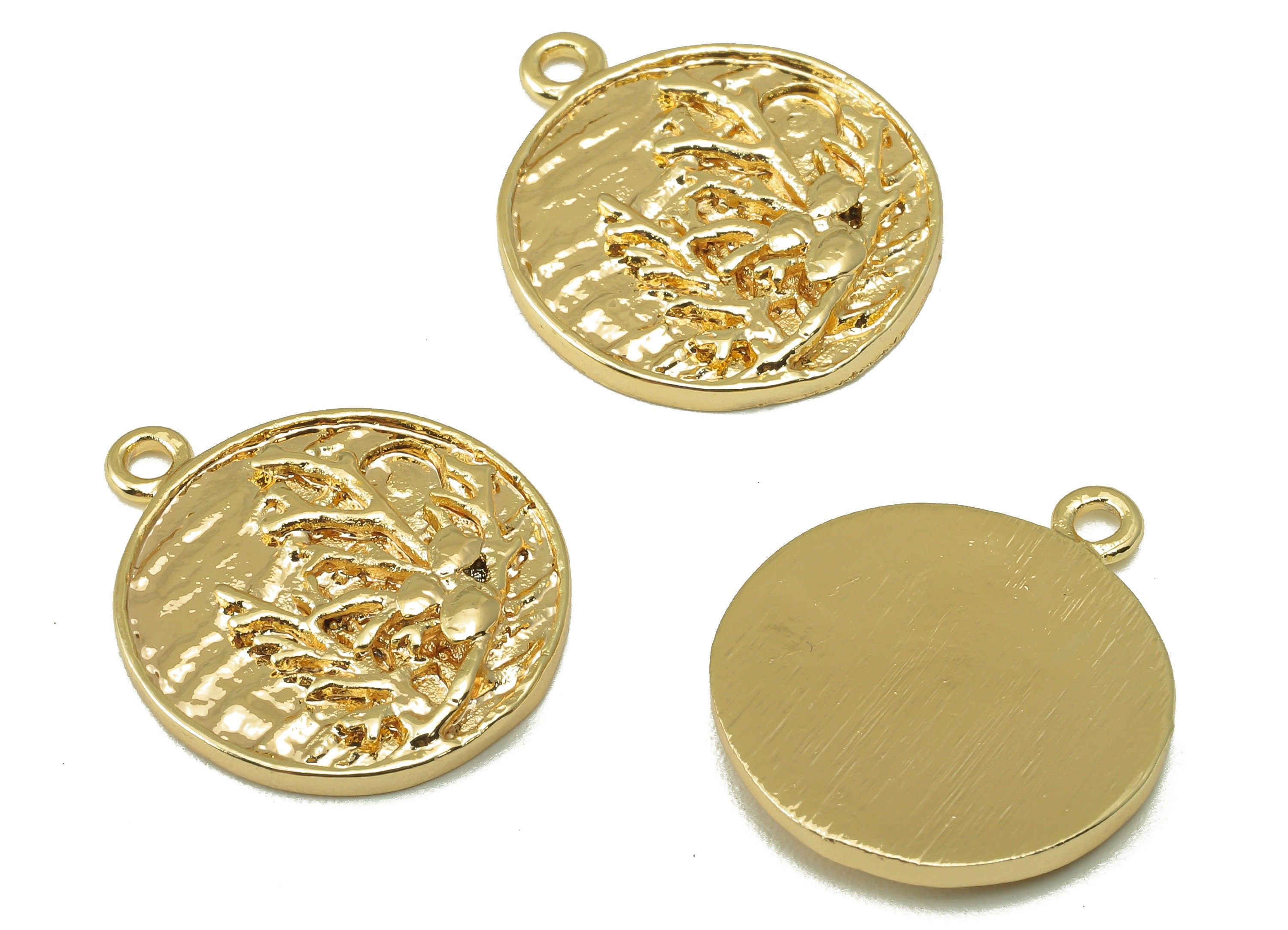 Round Branch Pendant-Brass Circle Charm Necklace-Pendant With Loop-Carved Branches And Waves-18KReal Gold Plating-20.82x17.53x1.83mm-RGP6120 - DOMEDBAZAAR