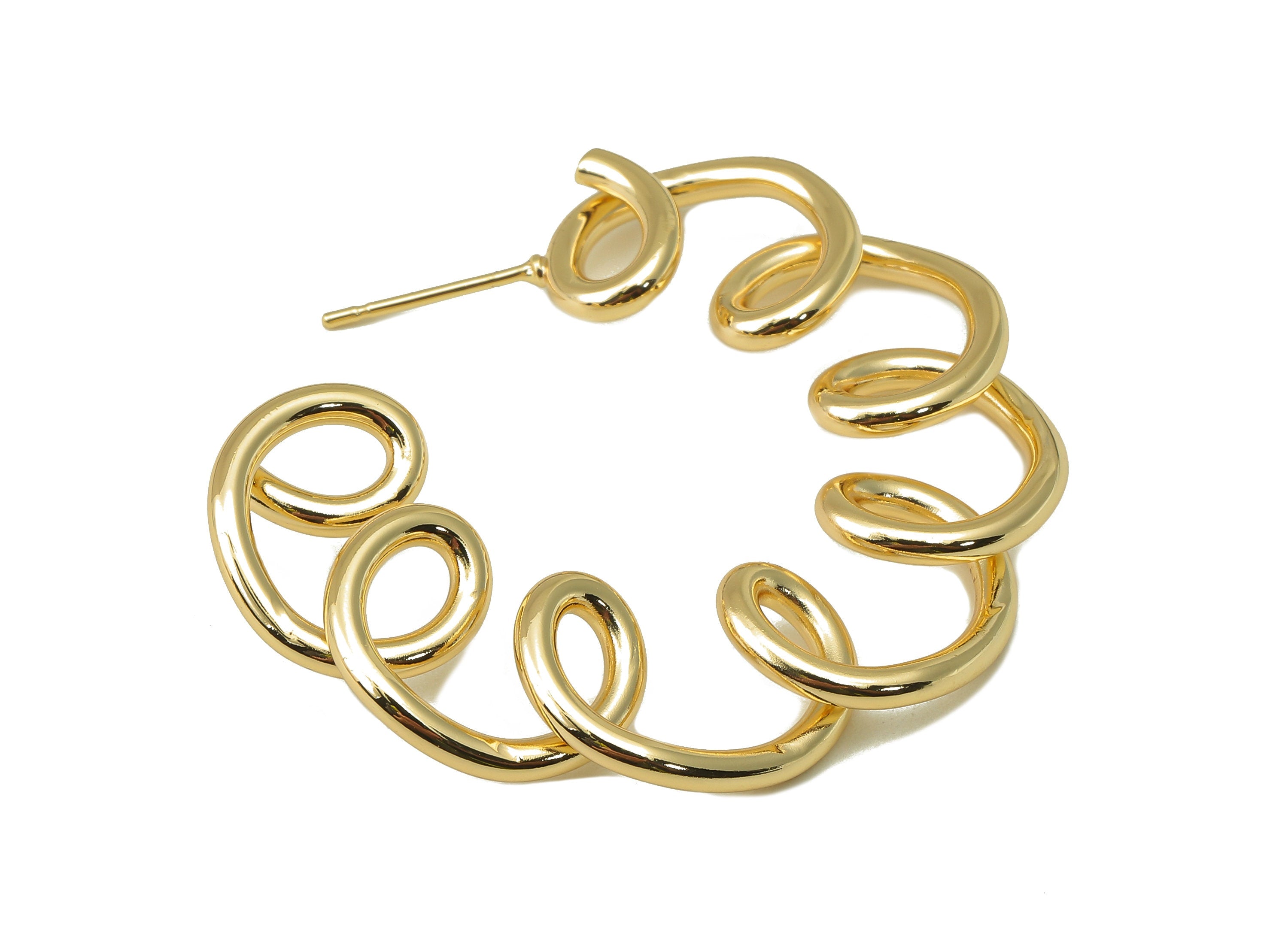 Brass Spring Stud Earring - Brass Spiral Wire Earring - Spiral C Hoop Earring Post - 18K Real Gold Plating-41.48x 39.9x1.98mm-RGP5948 - DOMEDBAZAAR