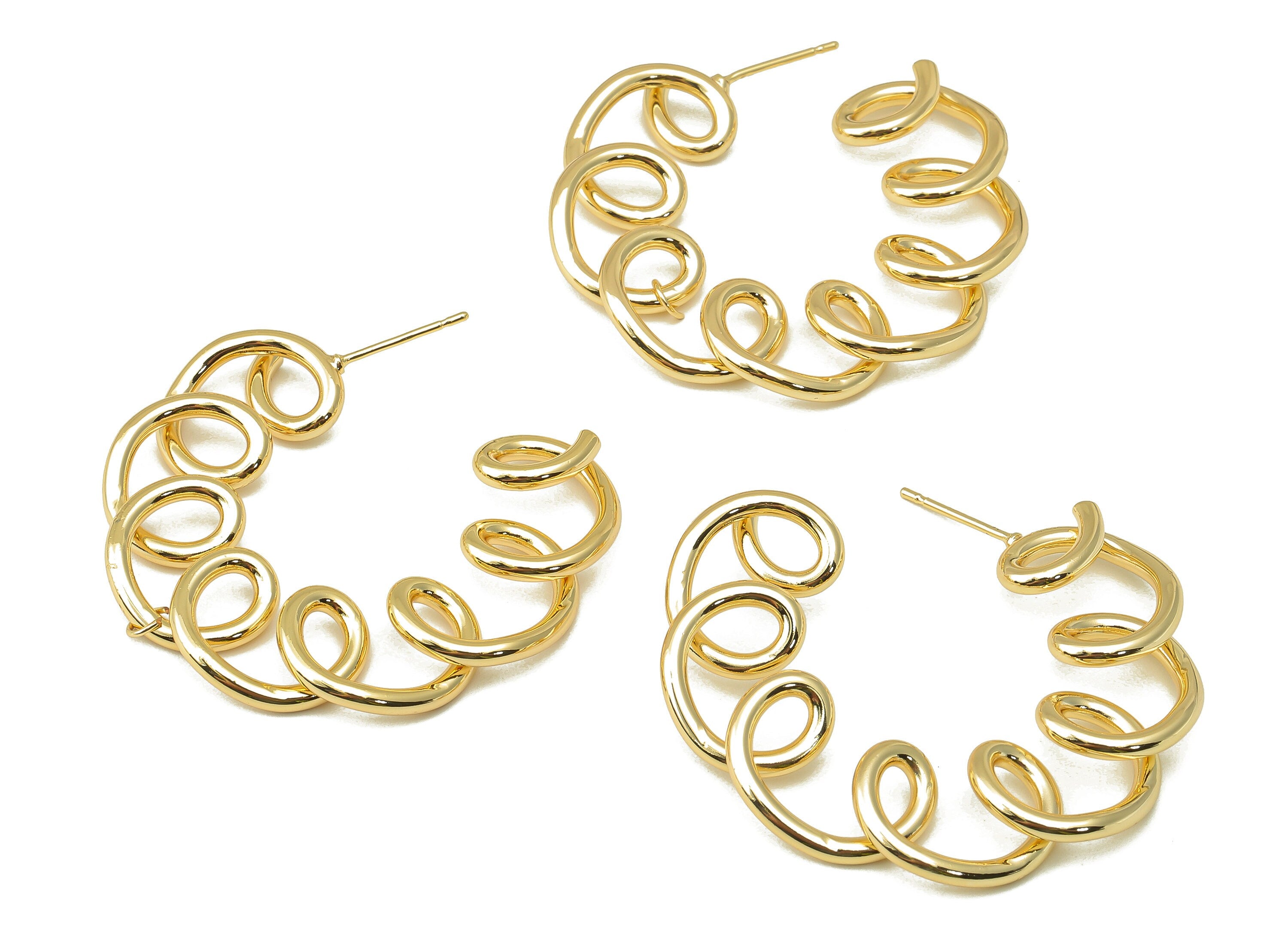 Brass Spring Stud Earring - Brass Spiral Wire Earring - Spiral C Hoop Earring Post - 18K Real Gold Plating-41.48x 39.9x1.98mm-RGP5948 - DOMEDBAZAAR
