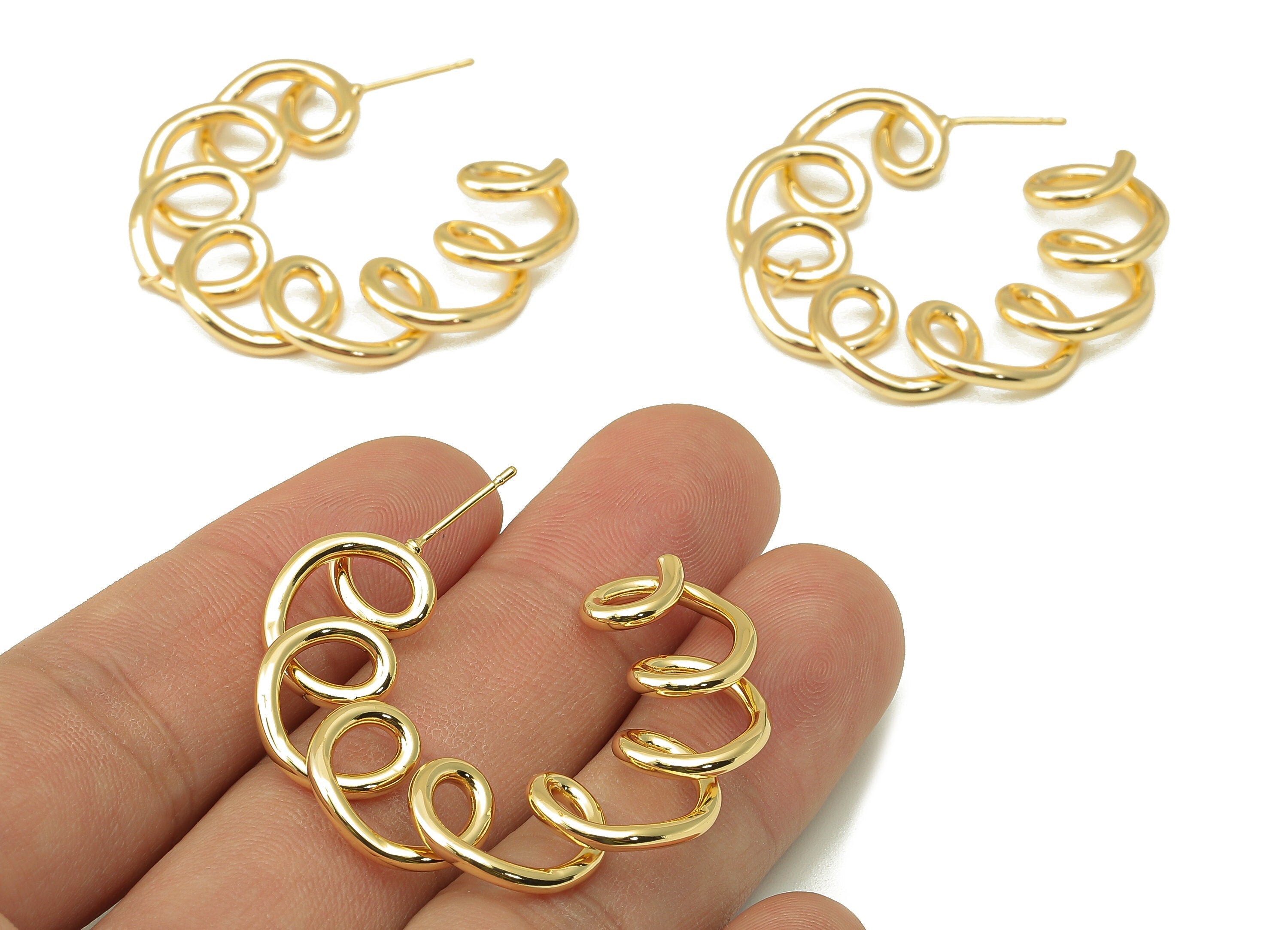 Brass Spring Stud Earring - Brass Spiral Wire Earring - Spiral C Hoop Earring Post - 18K Real Gold Plating-41.48x 39.9x1.98mm-RGP5948 - DOMEDBAZAAR