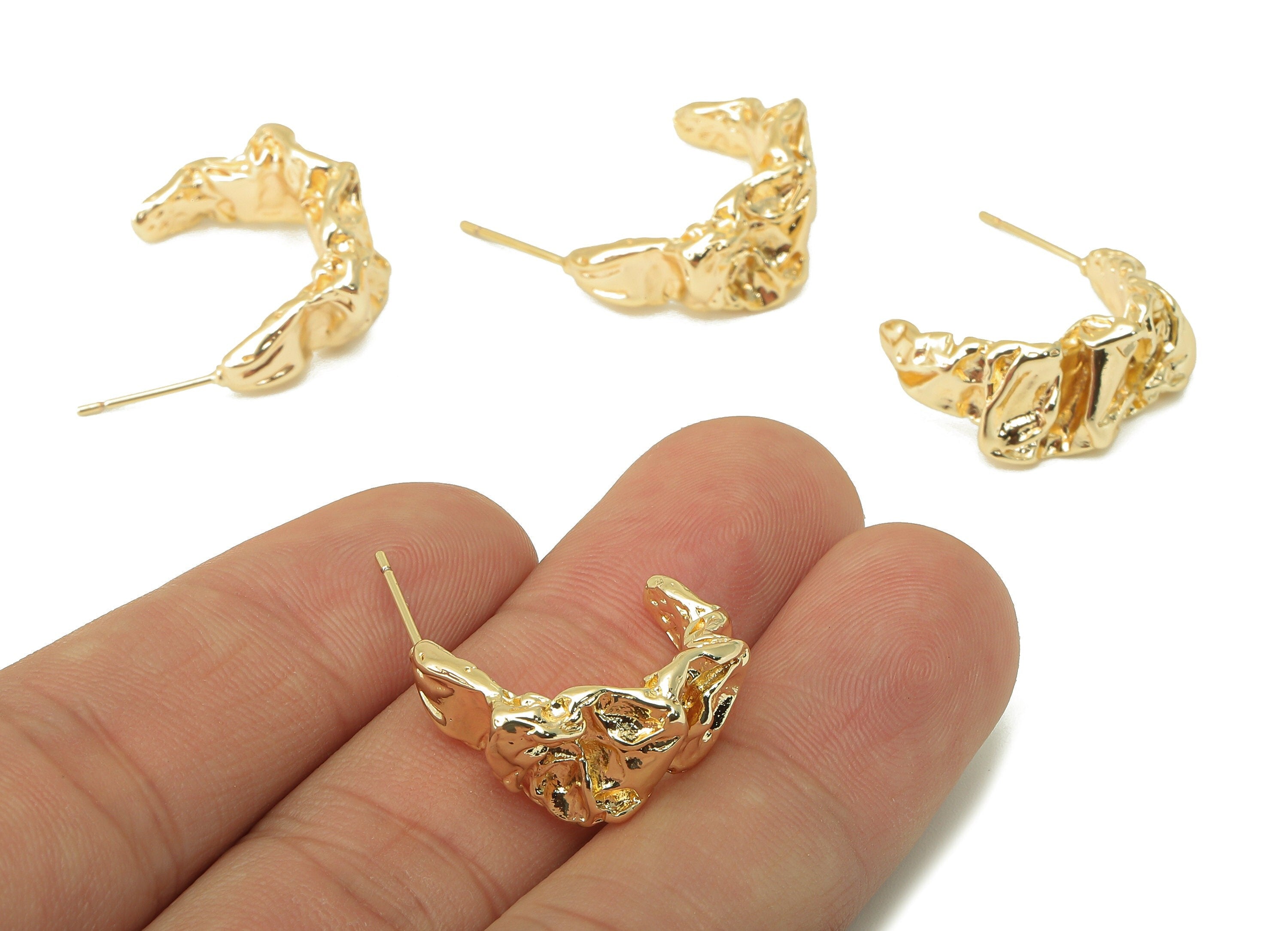 Brass Irregular Stud Earring - Brass C Hoop Open Textured Earring - Open Hoop Earring Post - 18K Real Gold Plating-26.6x 10.46x4.8mm-RGP5949 - DOMEDBAZAAR