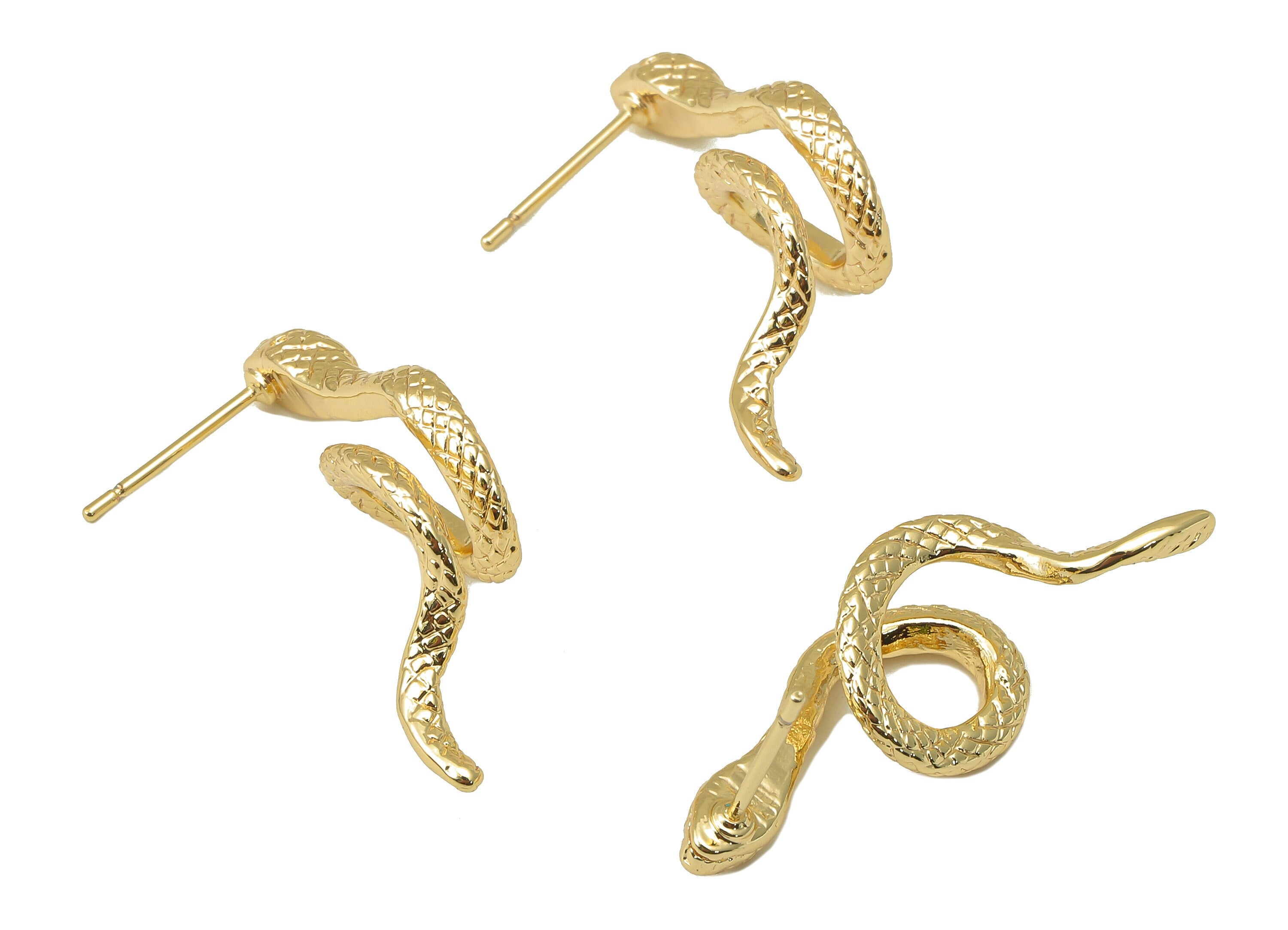 Brass Snake Stud Earring - Brass Dainty Snake Earring Post- Snake Earring Stud - Steel Stud-18K Real Gold Plating-29.77x11.55x 2.2mm-RGP5953 - DOMEDBAZAAR