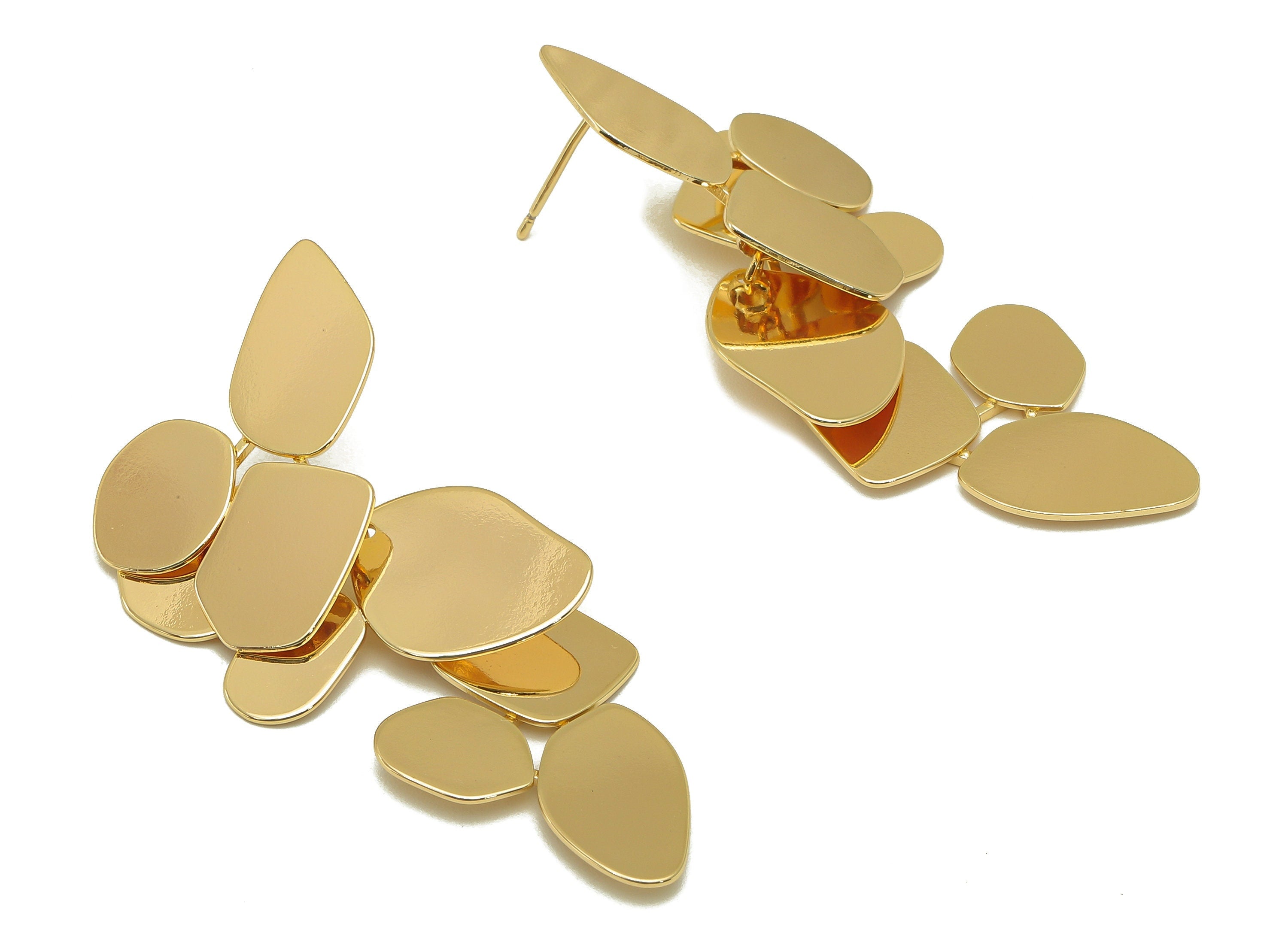 Brass Leaf Stud Earring - Brass Irregular Earring Post- Hanging Leaf Earring Stud - 18K Real Gold Plating-57.83x 30.73x0.58mm-RGP5958 - DOMEDBAZAAR