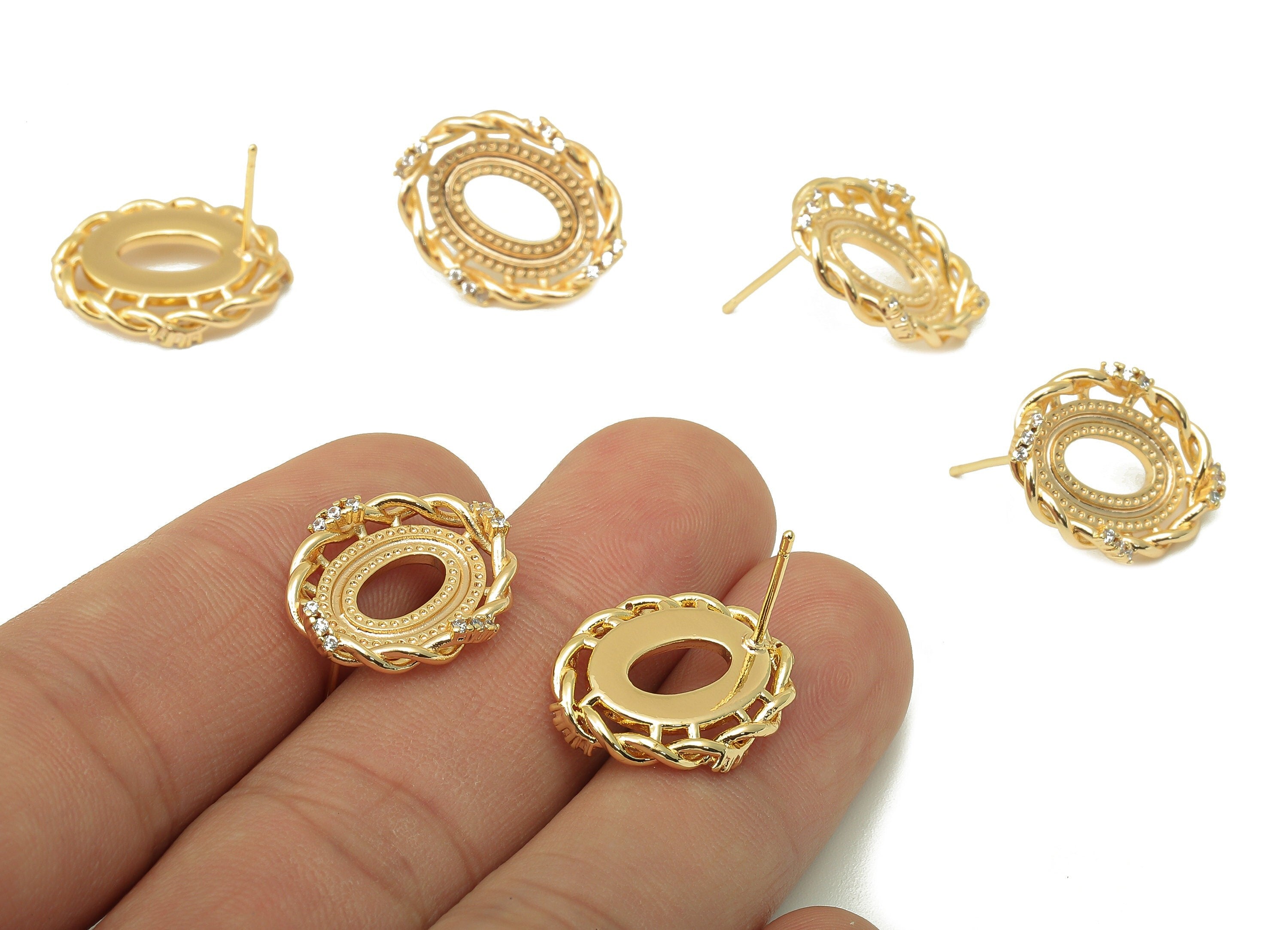 Brass Round Earring - Brass CZ Twisted Chain Earring Post-Cubic Zirconia Earring Stud - 18K Real Gold Plating-19.5x 15.64x 2.92mm-RGP5967 - DOMEDBAZAAR