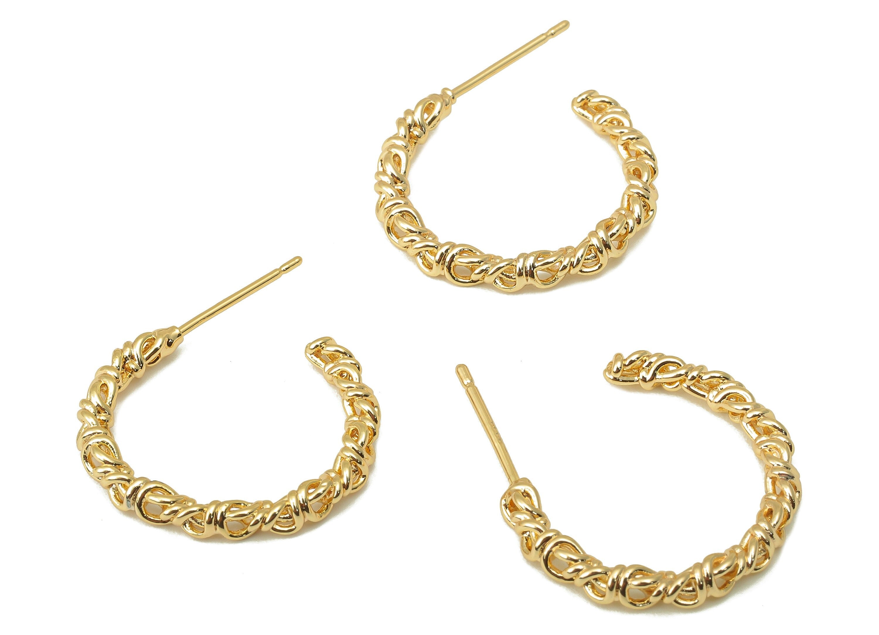 Brass Hoop Stud Earring - Brass Vine Earring Post -Brass Open Hoop Earring Stud- 18K Real Gold Plating-26.64x 21.46x 2.75mm-RGP5977 - DOMEDBAZAAR