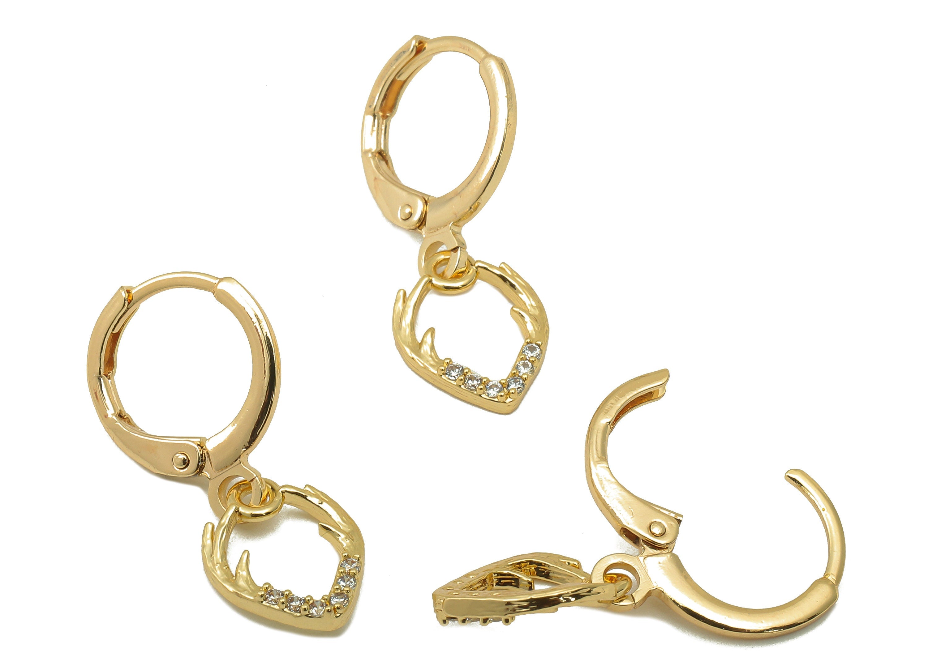 Brass Clasp Earring - Brass Tree Bud CZ Clasp Hoop Earring-Cubic Zirconia Huugie Earring-18K Real Gold Plating-24.62x 11.39x 1.83mm-RGP5983 - DOMEDBAZAAR