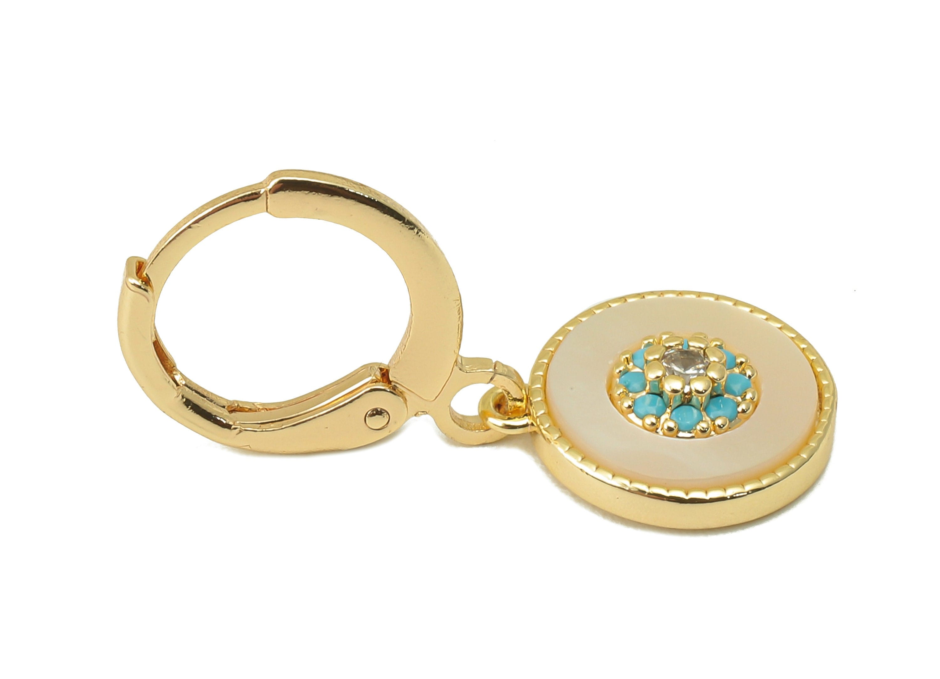 Brass Clasp Earring - Brass Round CZ Clasp Hoop Earring-Shell Cubic Zirconia Huugie Earring-18K Real Gold Plating-25.4x11.17x 3.08mm-RGP5984 - DOMEDBAZAAR