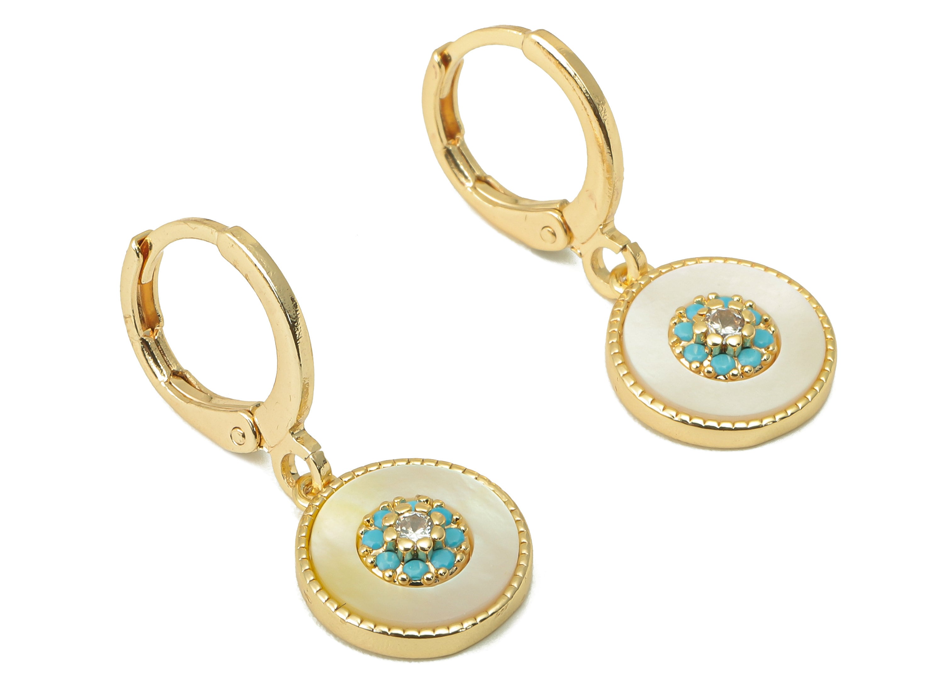 Brass Clasp Earring - Brass Round CZ Clasp Hoop Earring-Shell Cubic Zirconia Huugie Earring-18K Real Gold Plating-25.4x11.17x 3.08mm-RGP5984 - DOMEDBAZAAR
