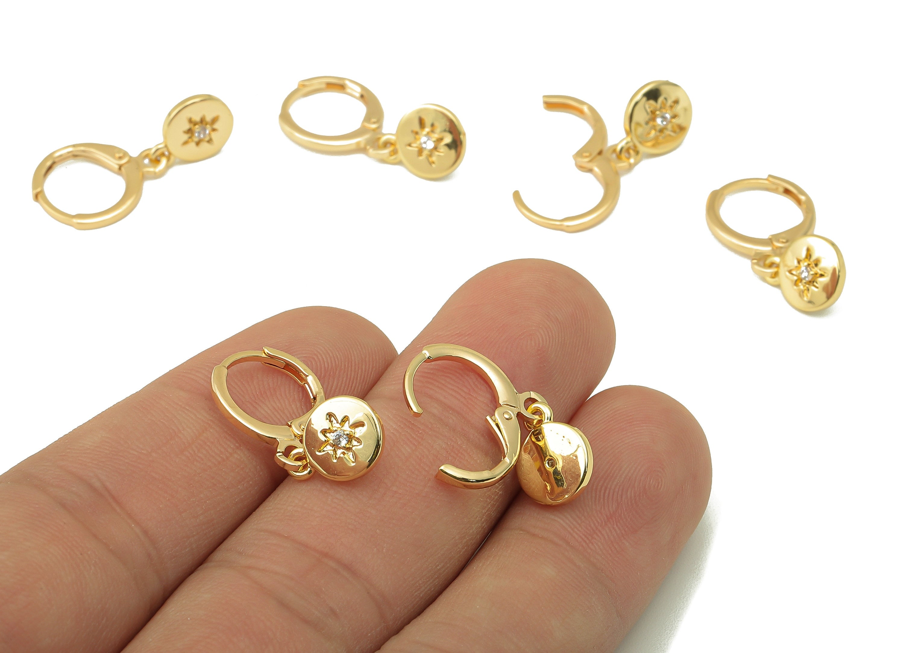 Brass Clasp Earring - Brass North Star CZ Clasp Hoop Earring- Cubic Zirconia Huugie Earring-18K Real Gold Plating-23.36x11.37x1.52mm-RGP5987 - DOMEDBAZAAR