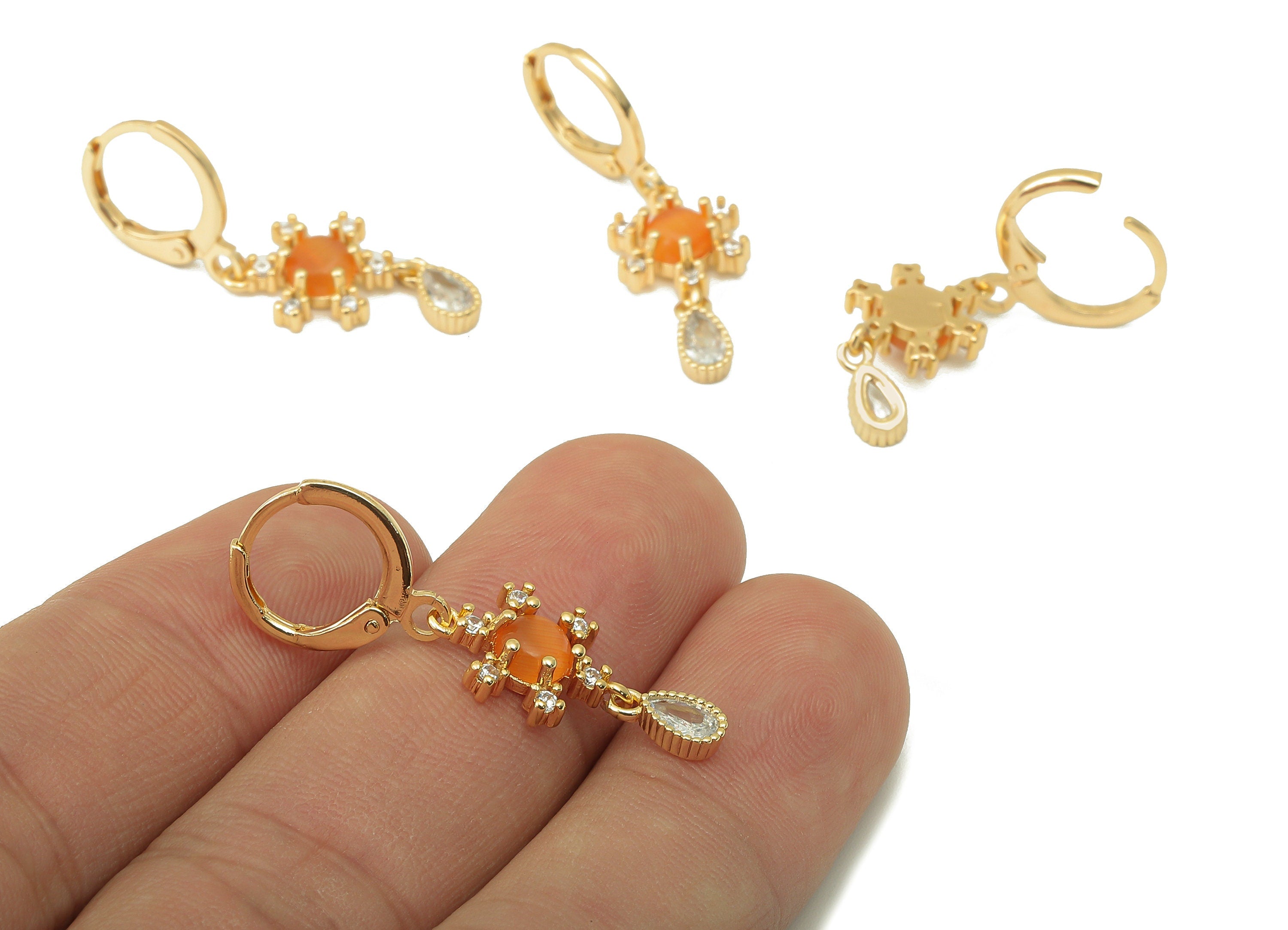 Brass Snowflake Hoop Earring - Drop Huggie Hoop - Orange Zirconia Cubic Clasp Hoop Earring -18K Real Gold Plating-33.85x11.19x3.8mm-RGP5990 - DOMEDBAZAAR