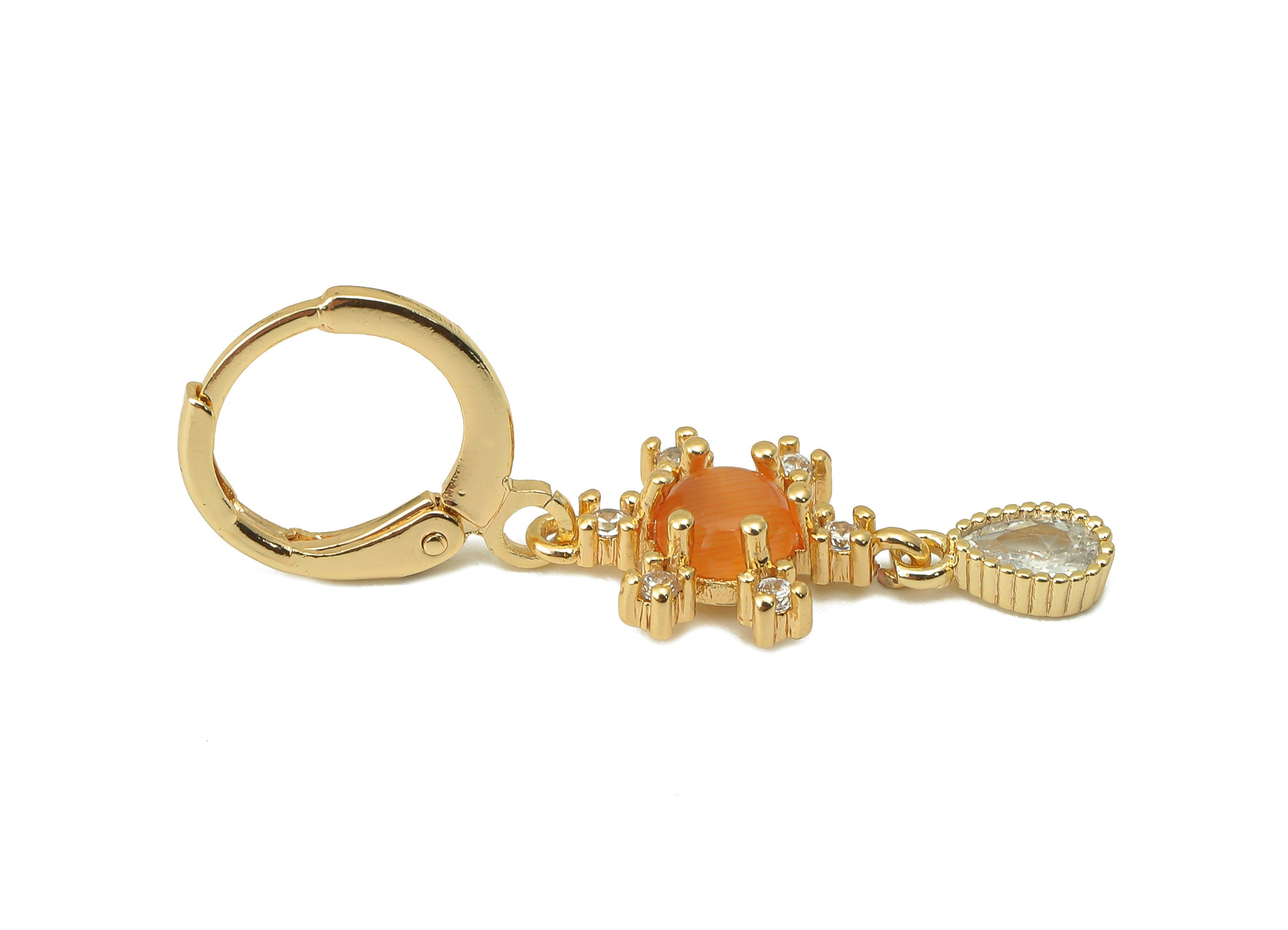 Brass Snowflake Hoop Earring - Drop Huggie Hoop - Orange Zirconia Cubic Clasp Hoop Earring -18K Real Gold Plating-33.85x11.19x3.8mm-RGP5990 - DOMEDBAZAAR