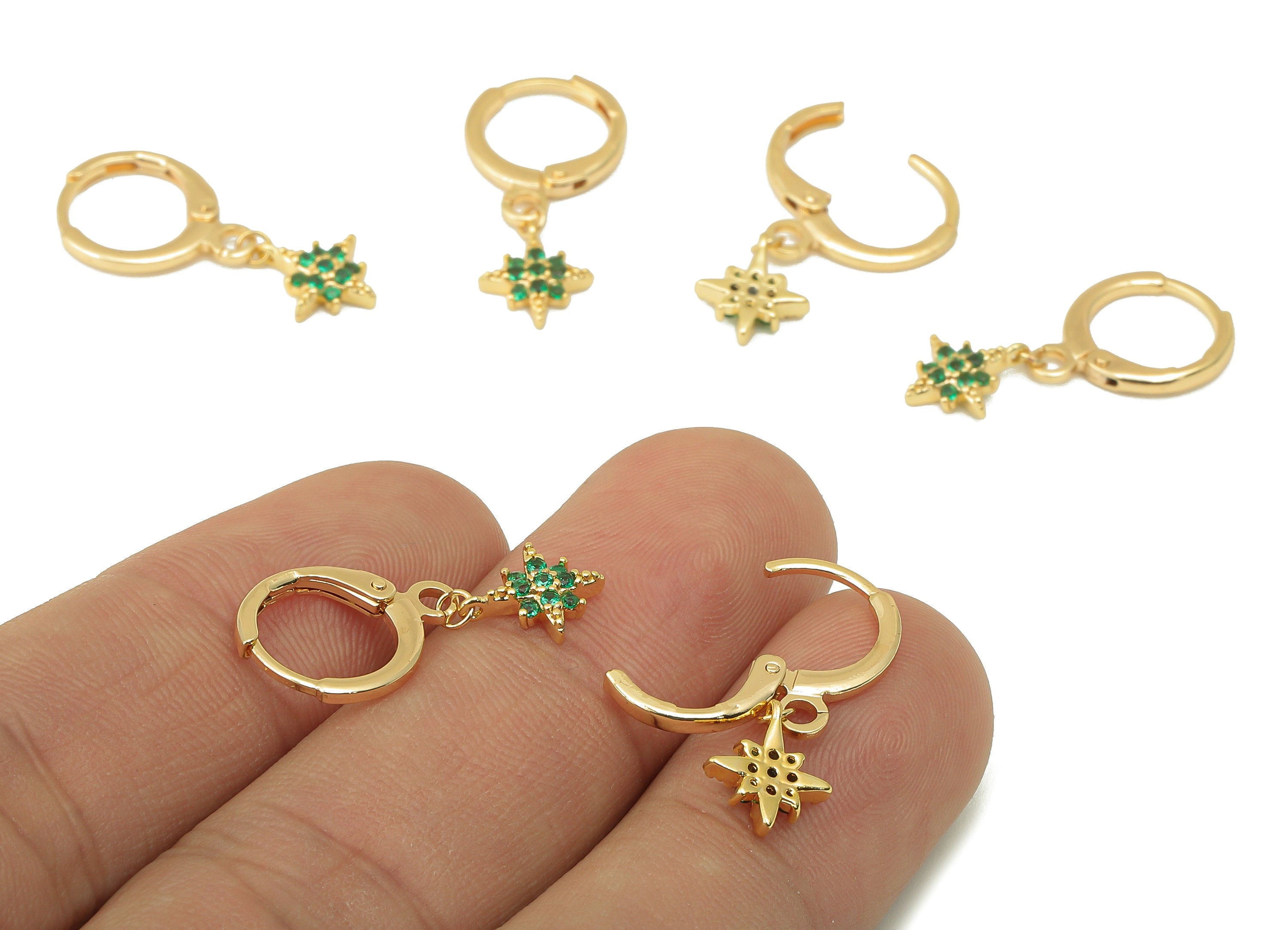 Brass Star Hoop Earring - Brass Green CZ Huggie Hoop -Zirconia Cubic Clasp Hoop Earring -18K Real Gold Plating-24.84x 11.4x 2.03mm-RGP5991 - DOMEDBAZAAR