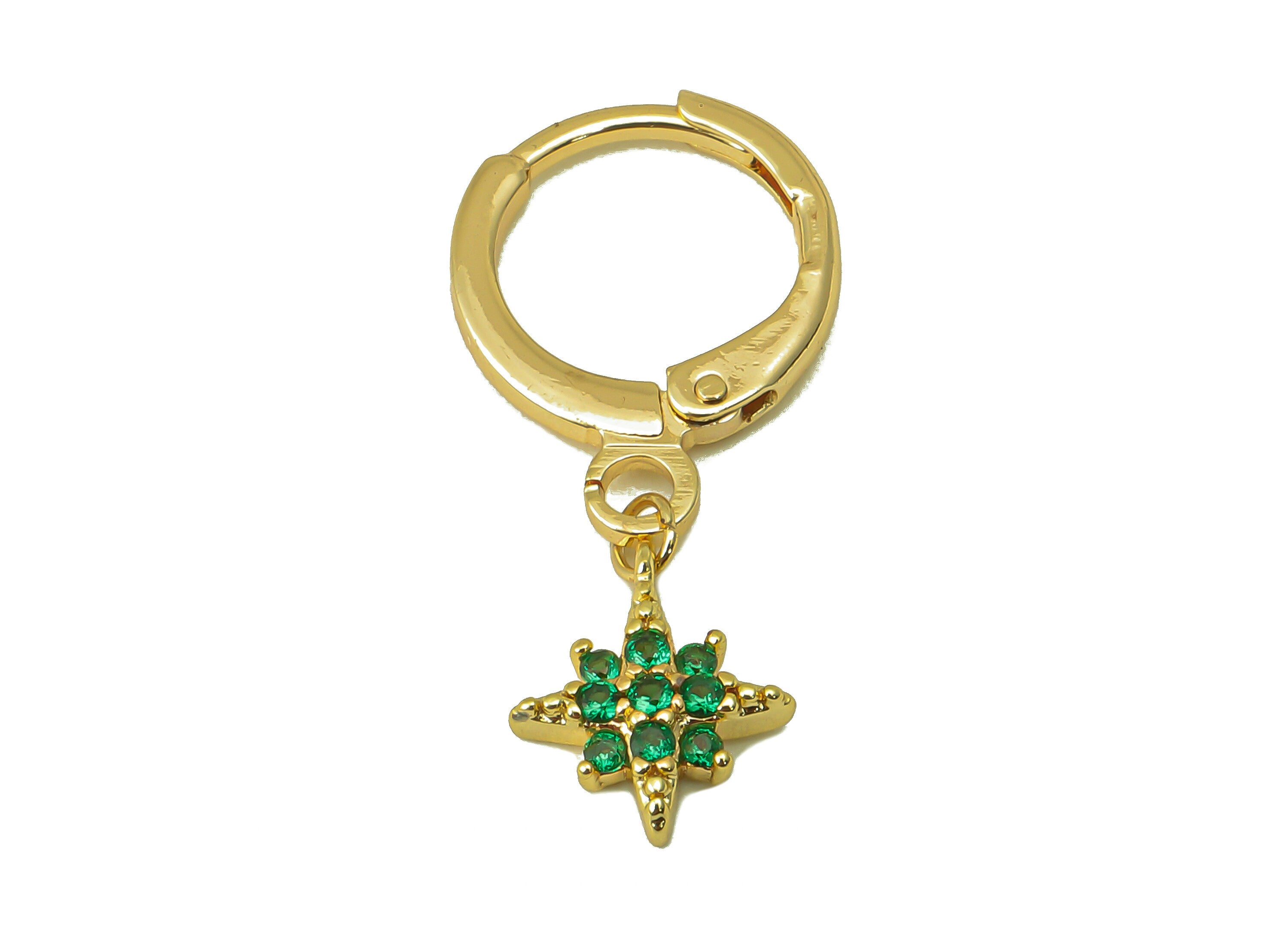 Brass Star Hoop Earring - Brass Green CZ Huggie Hoop -Zirconia Cubic Clasp Hoop Earring -18K Real Gold Plating-24.84x 11.4x 2.03mm-RGP5991 - DOMEDBAZAAR