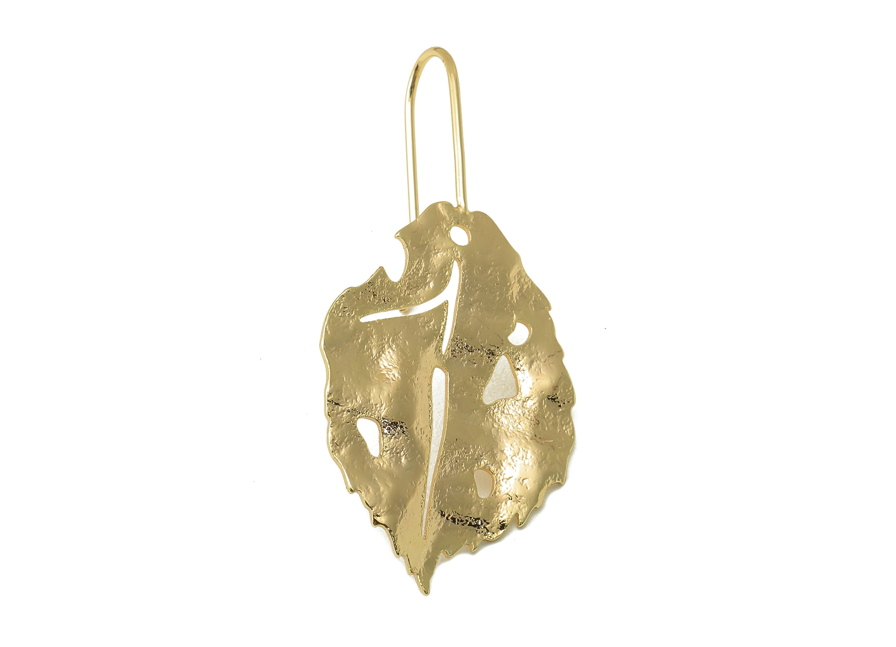 Brass Wires Betula Earring - Brass Leaf Hook Earring-Brass Textured Botanical Earring-18K Real Gold Plating-41.6x 19.01 x 0.92mm-RGP5998 - DOMEDBAZAAR