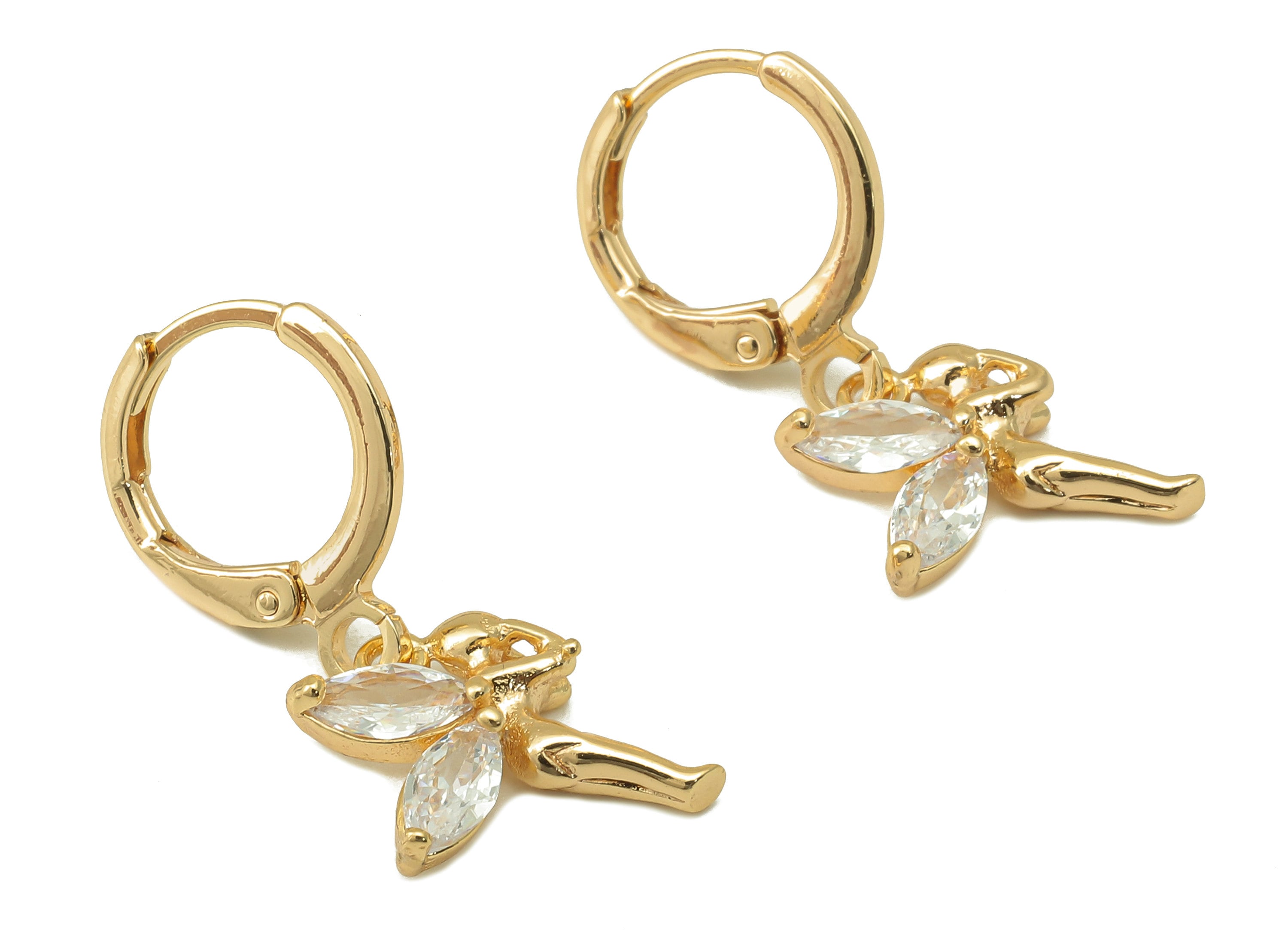 Brass Clasp Angel Earring - Angel Huggie Hoop-Cubic Zirconia Clasp Hoop Earring-Huggie Hoop-18K Real Gold Plating-26.24x11.41x2.74mm-RGP6001 - DOMEDBAZAAR
