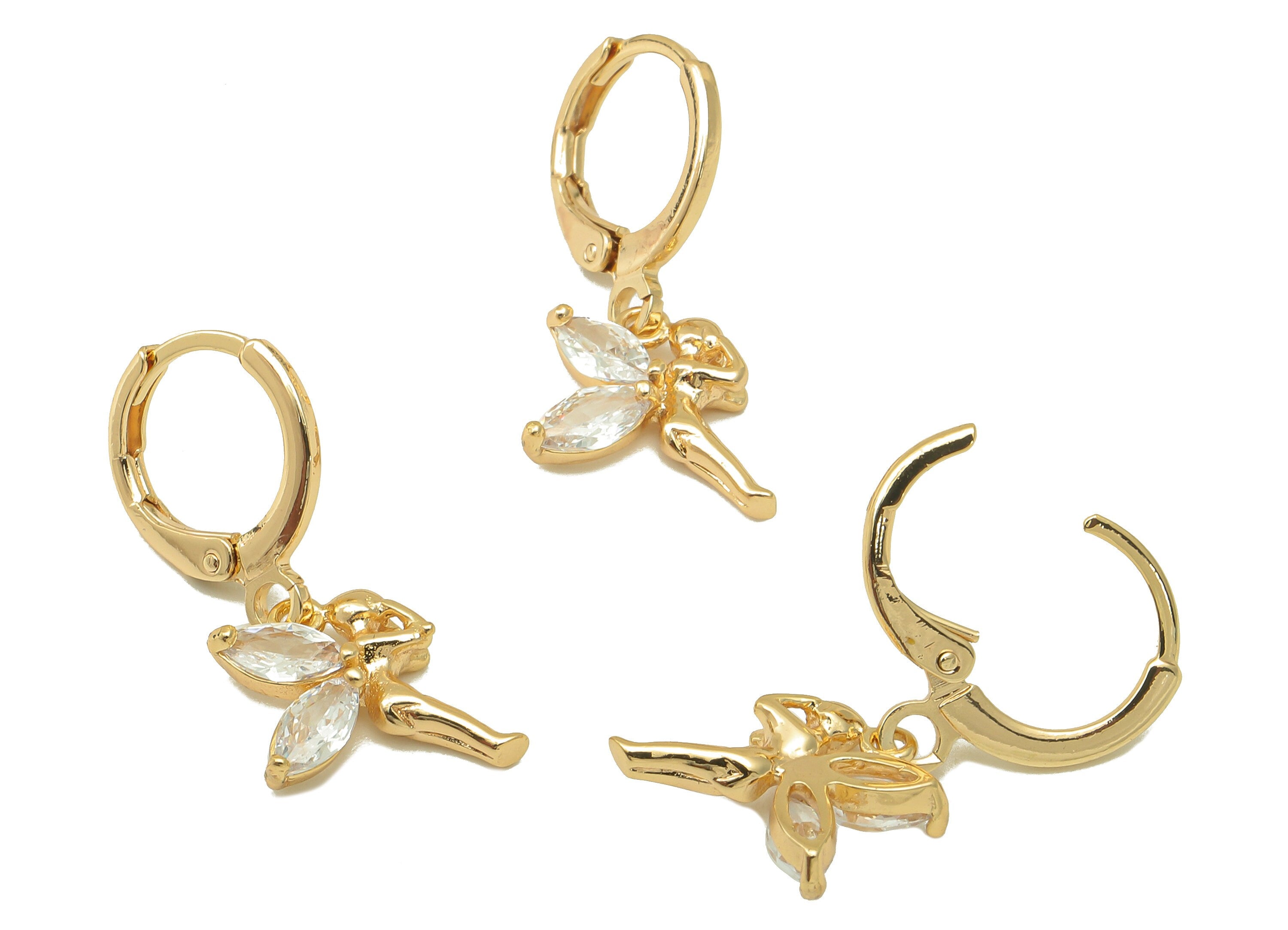 Brass Clasp Angel Earring - Angel Huggie Hoop-Cubic Zirconia Clasp Hoop Earring-Huggie Hoop-18K Real Gold Plating-26.24x11.41x2.74mm-RGP6001 - DOMEDBAZAAR